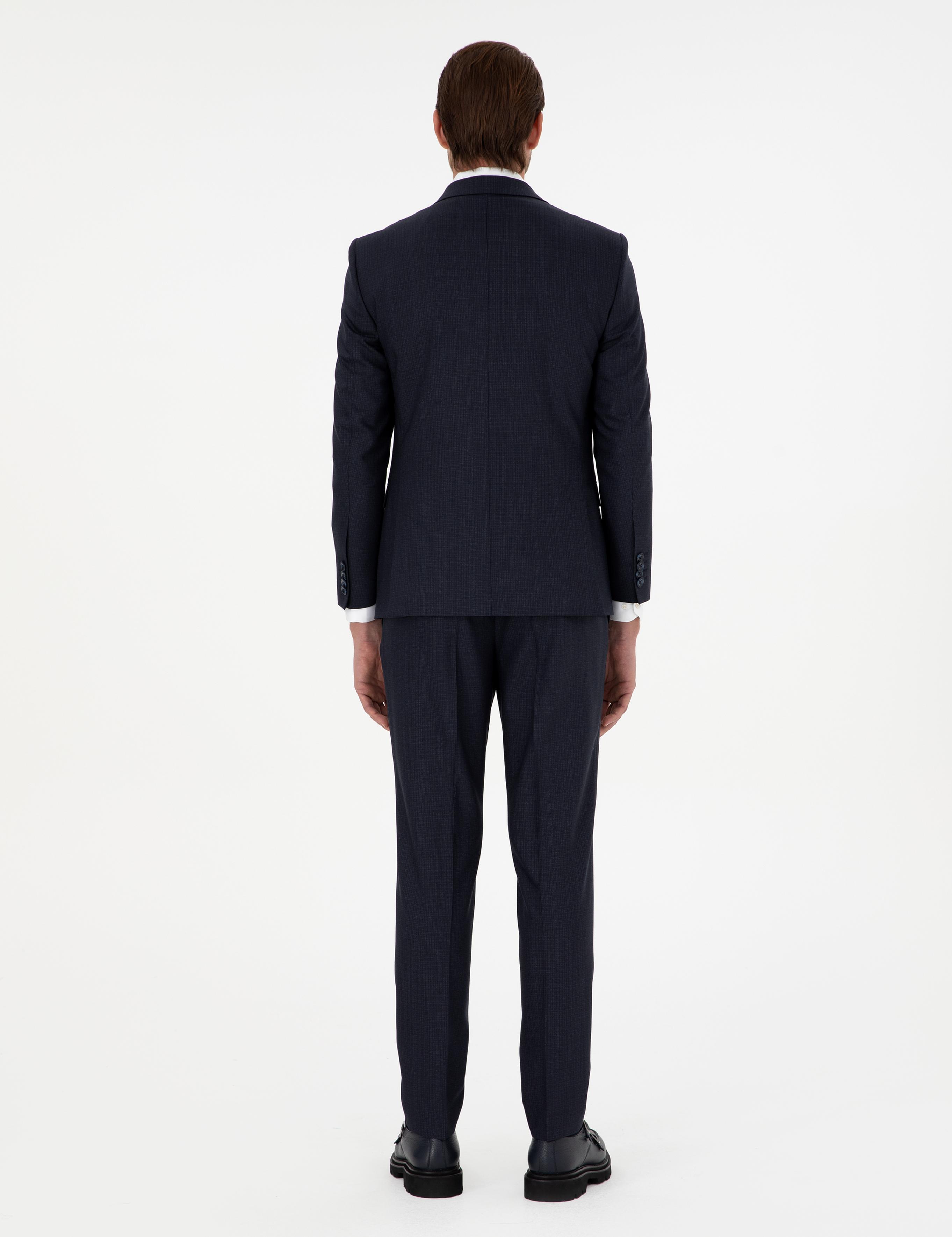 Lacivert Ex. Slim Fit Çizgili Yünlü Takım Elbise