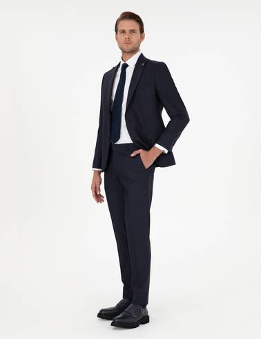 Lacivert Ex. Slim Fit Çizgili Yünlü Takım Elbise