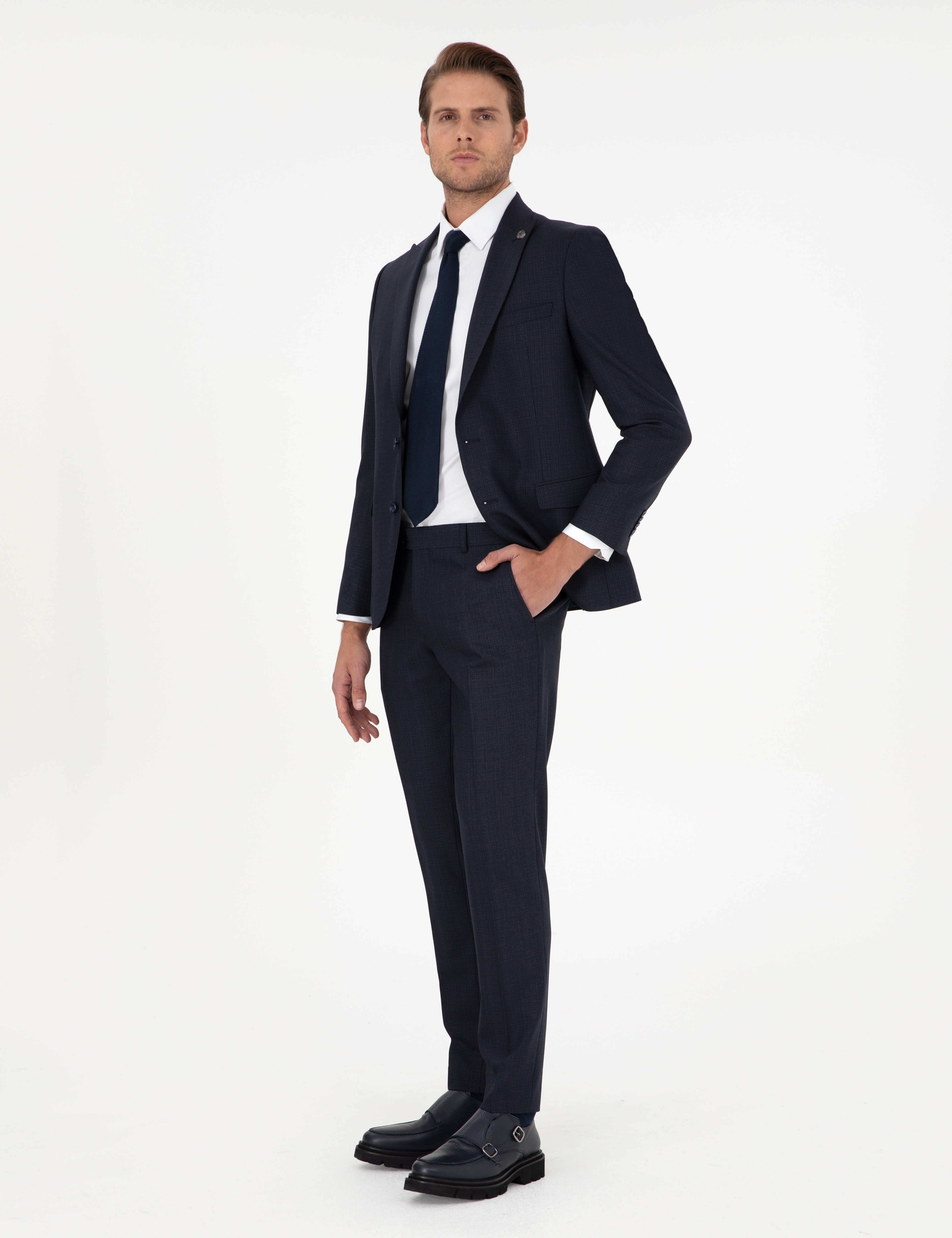 Lacivert Extra Slim Fit Çizgili Yünlü Takım Elbise - Image 4