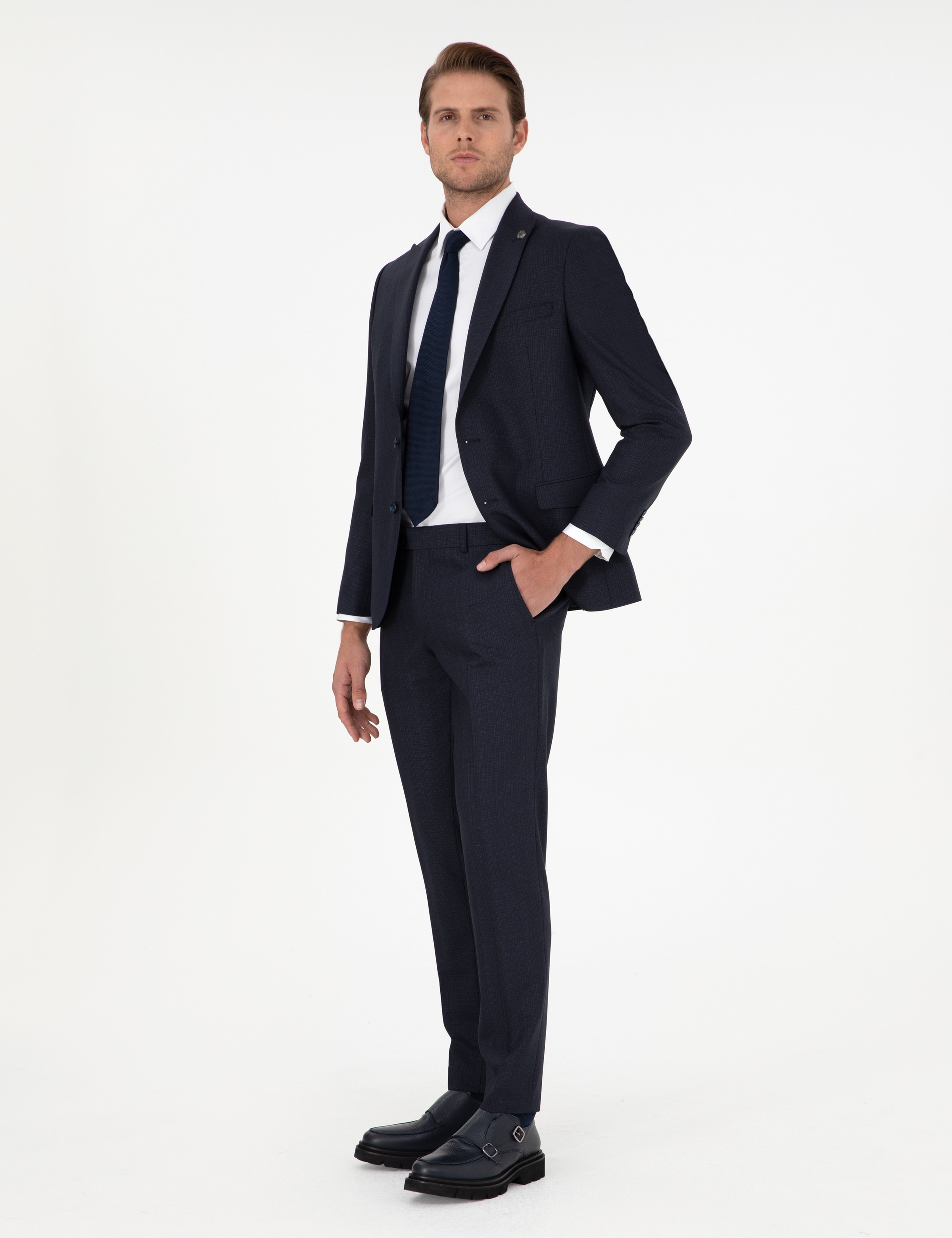 Lacivert Extra Slim Fit Çizgili Yünlü Takım Elbise