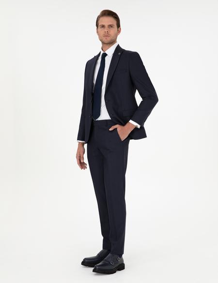 Lacivert Ex. Slim Fit Çizgili Yünlü Takım Elbise - 50293607011