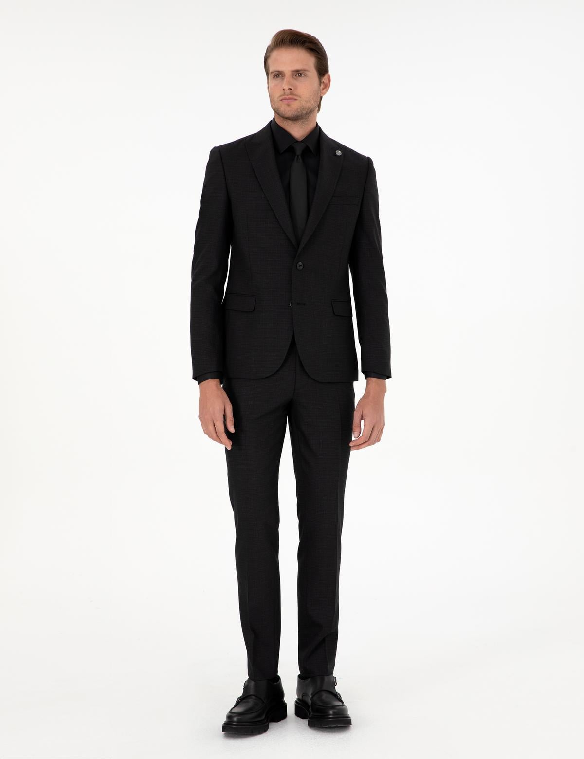 Siyah Ex. Slim Fit Çizgili Yünlü Takım Elbise