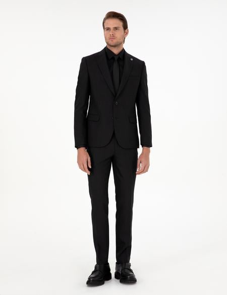 Siyah Ex. Slim Fit Çizgili Yünlü Takım Elbise - 50293607053