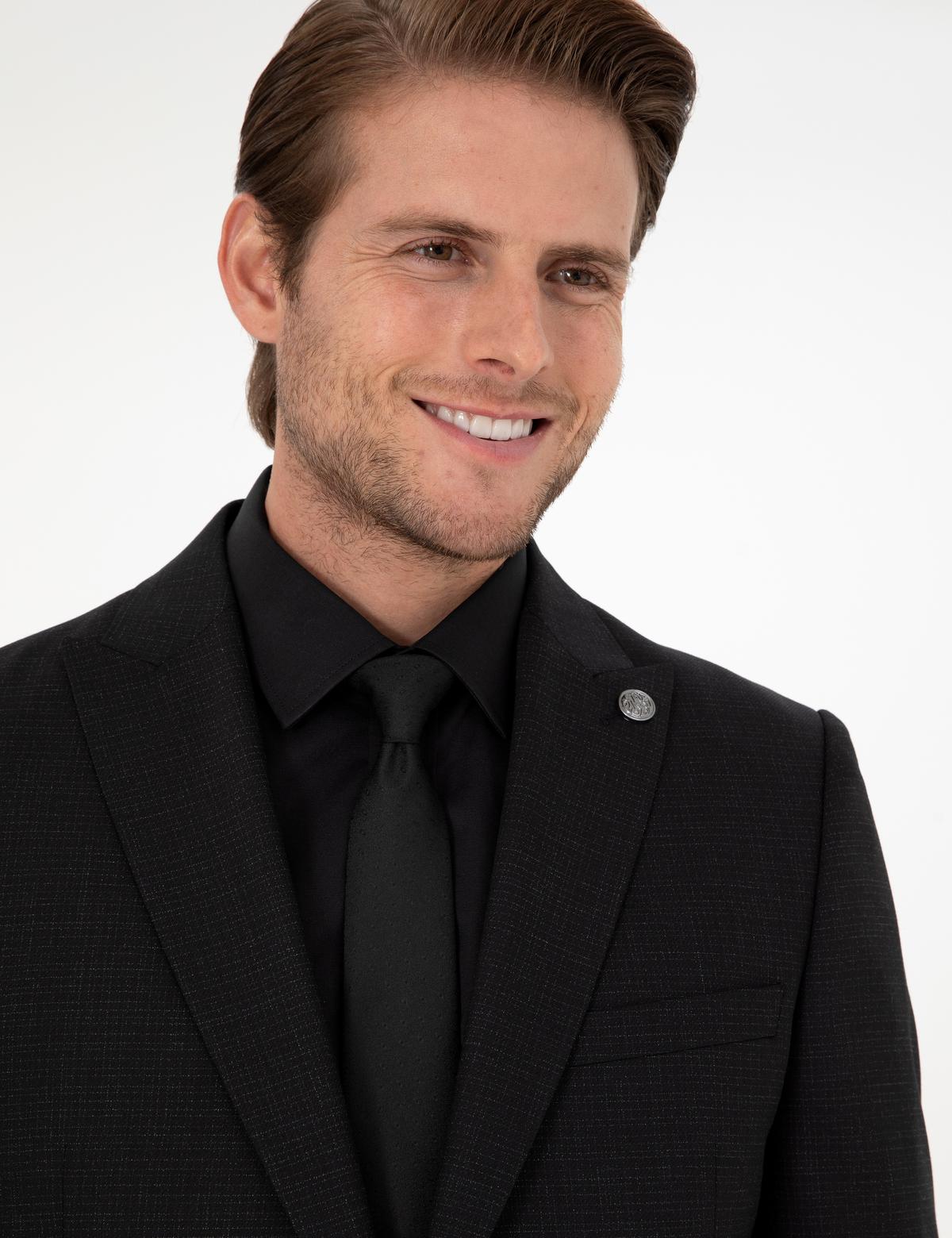 Siyah Ex. Slim Fit Çizgili Yünlü Takım Elbise - 50293607053