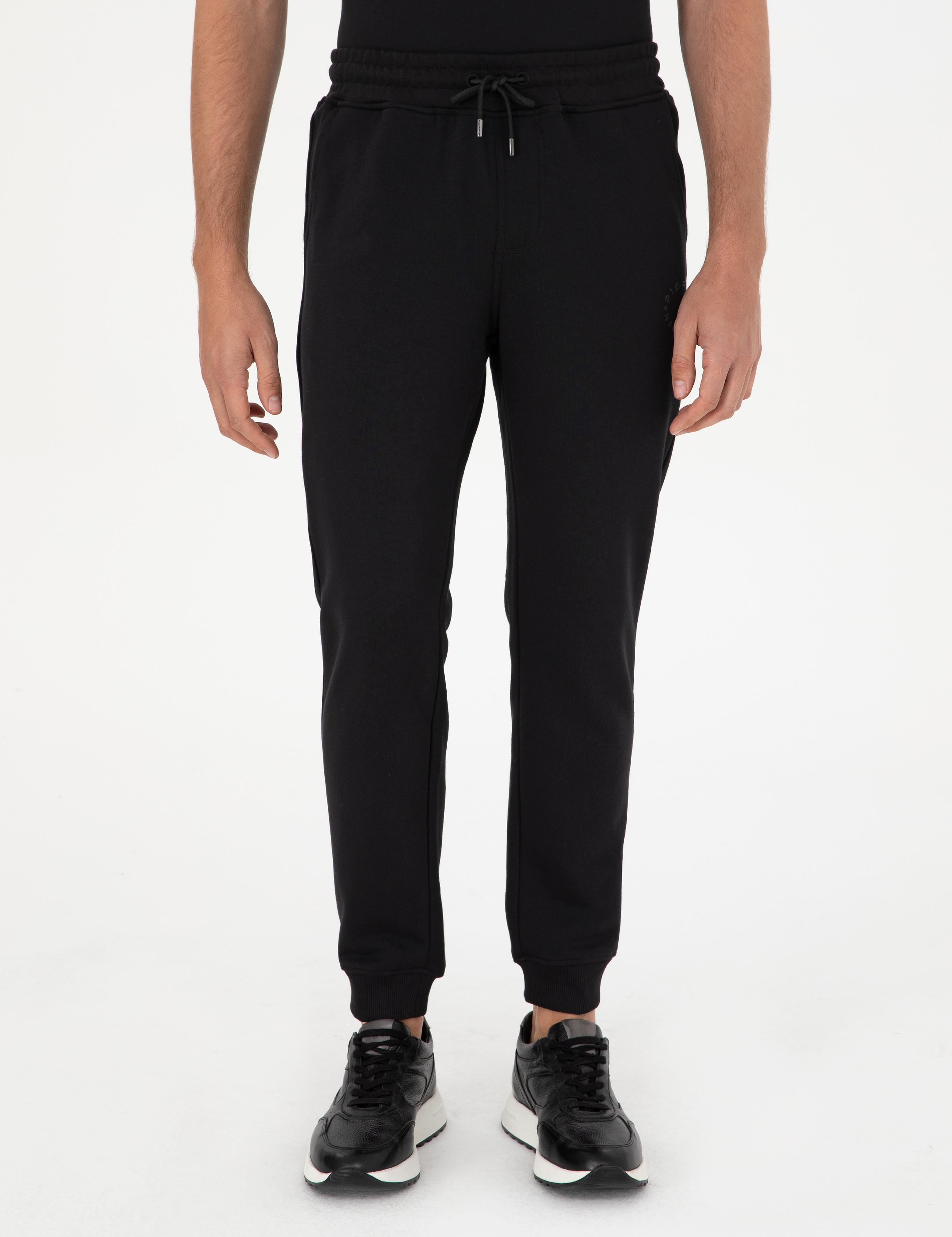 Siyah Slim Fit 3 İplik Paçası Lastikli Eşofman Altı