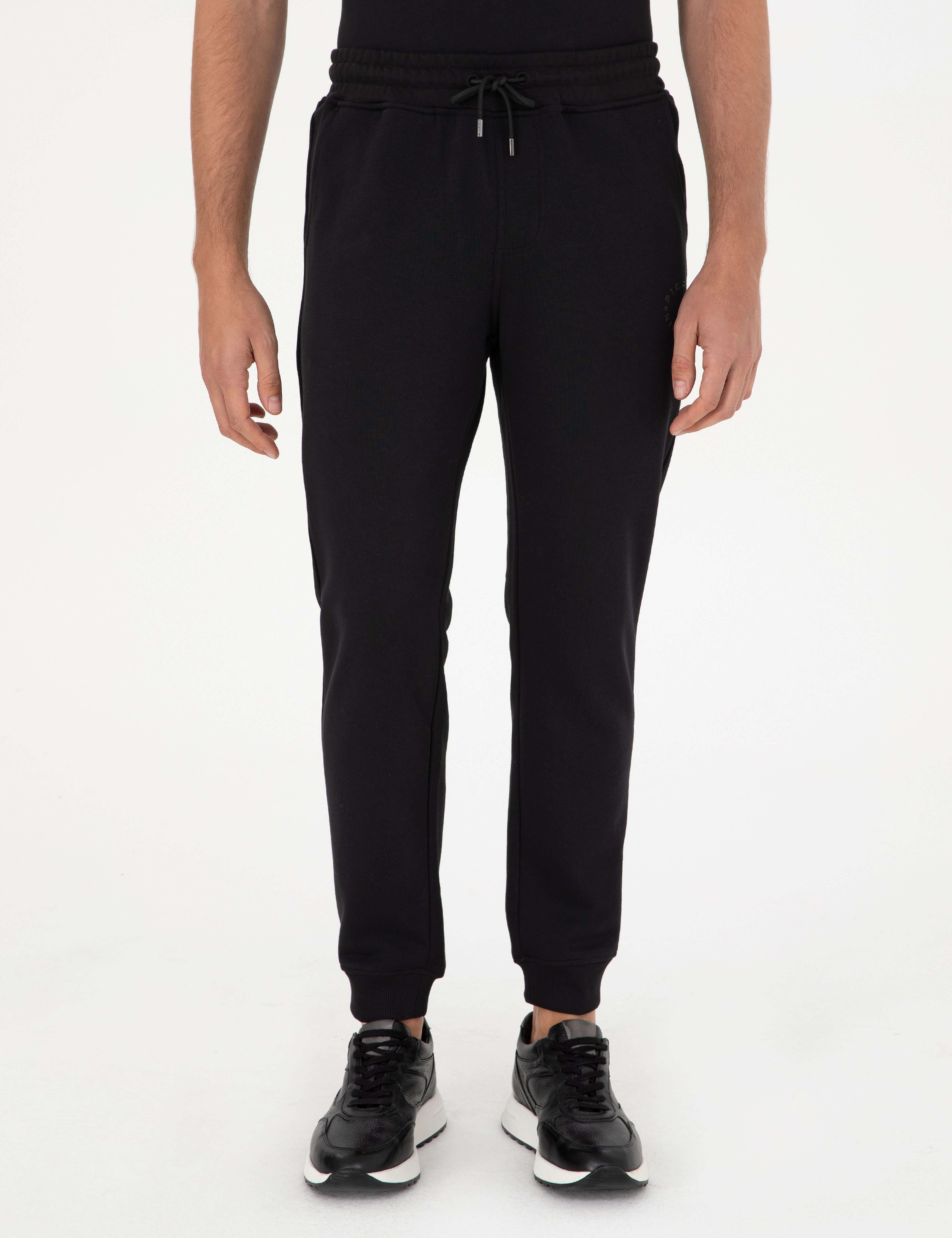Siyah Slim Fit 3 İplik Paçası Lastikli Eşofman Altı