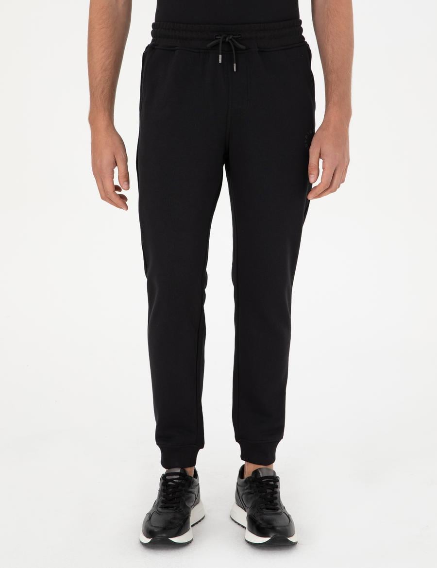 Siyah Slim Fit 3 İplik Paçası Lastikli Eşofman Altı