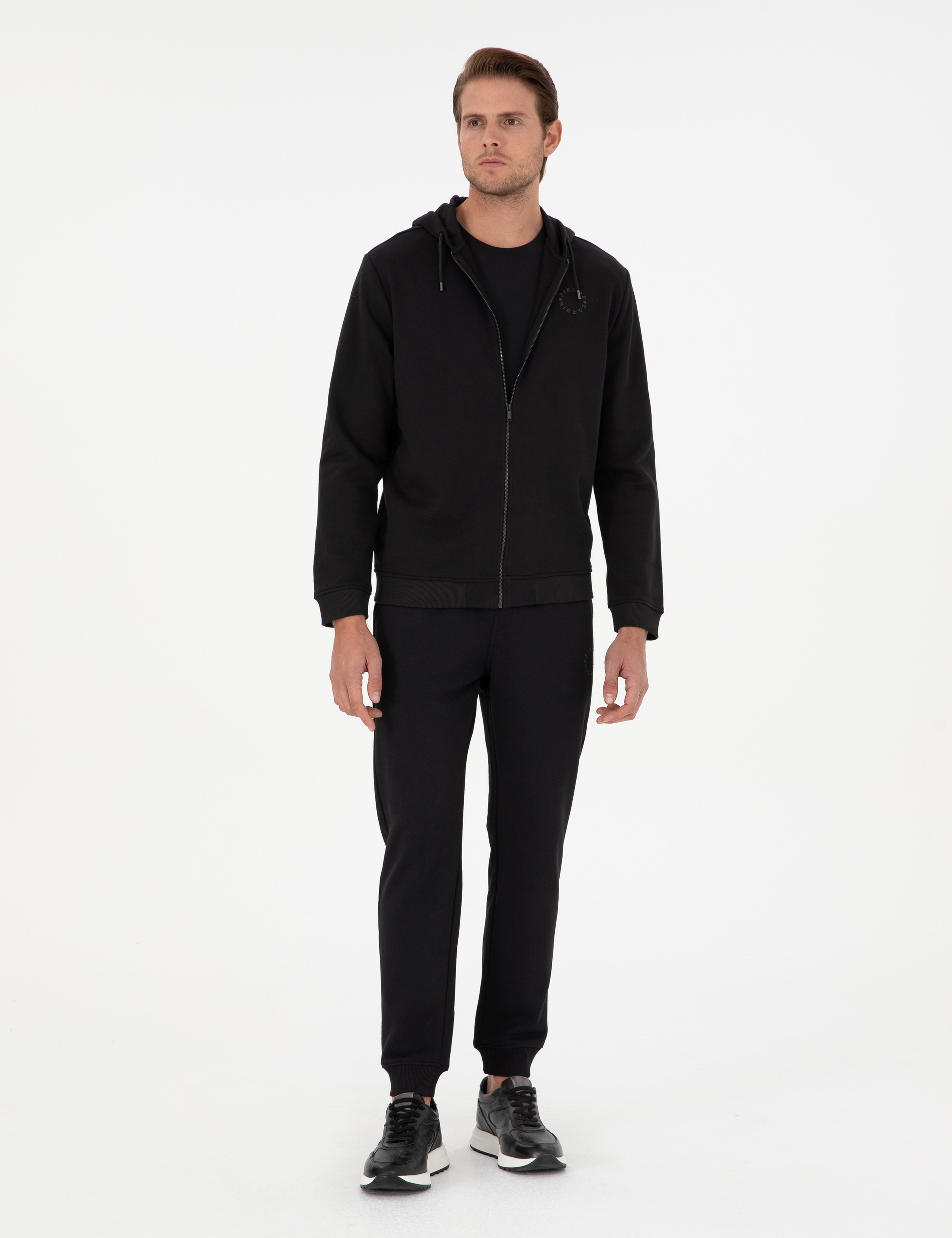Siyah Slim Fit 3 İplik Paçası Lastikli Eşofman Altı