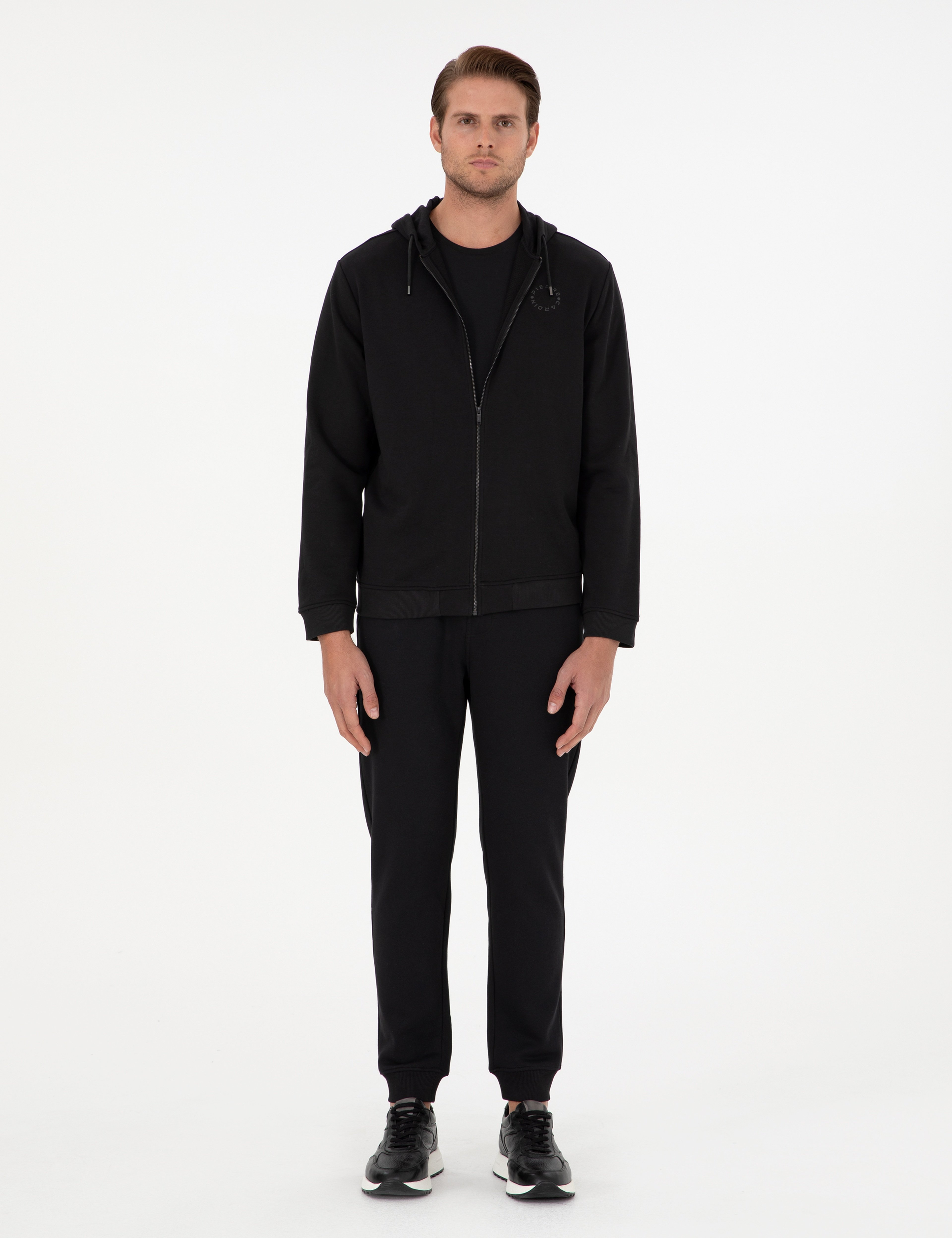 Siyah Slim Fit 3 İplik Paçası Lastikli Eşofman Altı