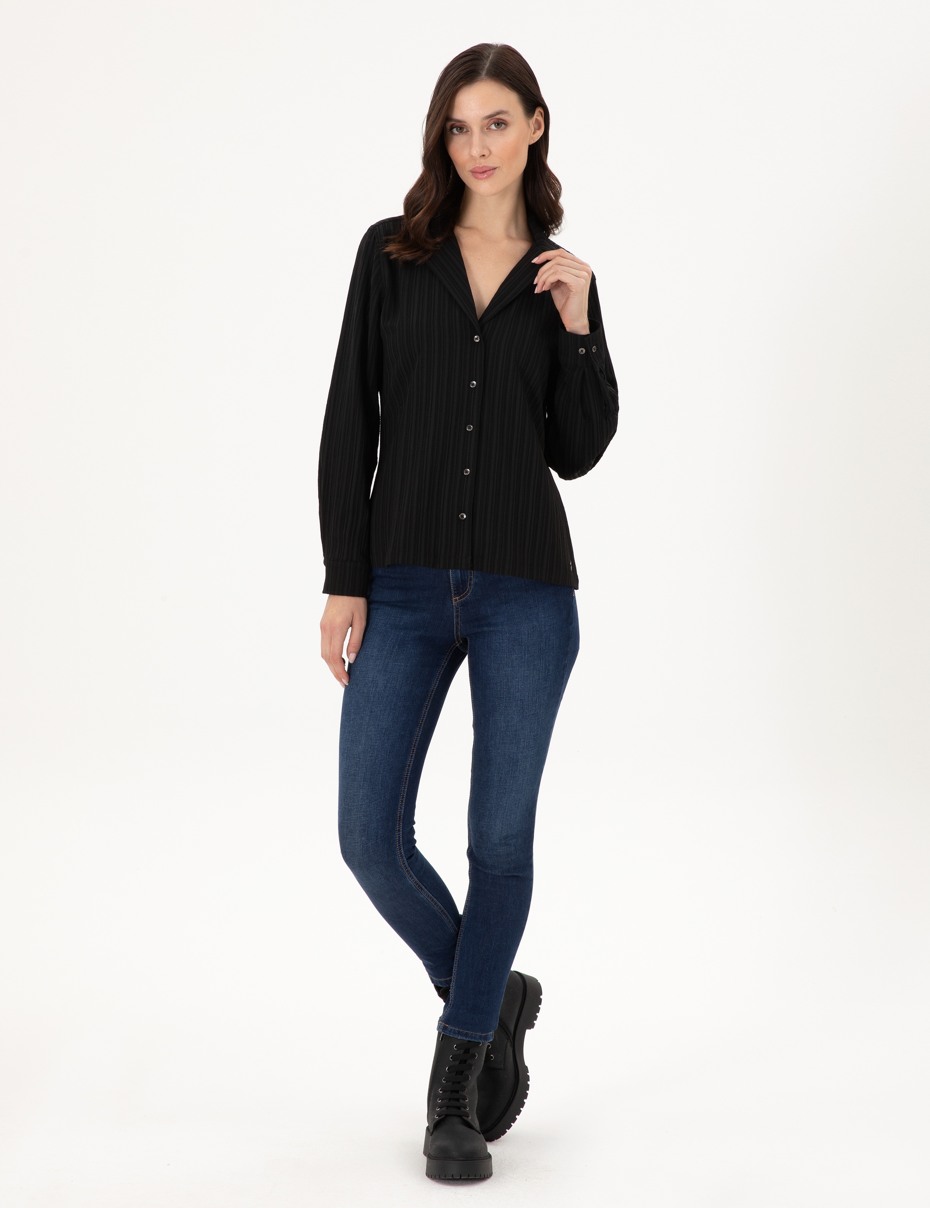 Siyah Regular Fit Uzun Kollu Gömlek - Image 4