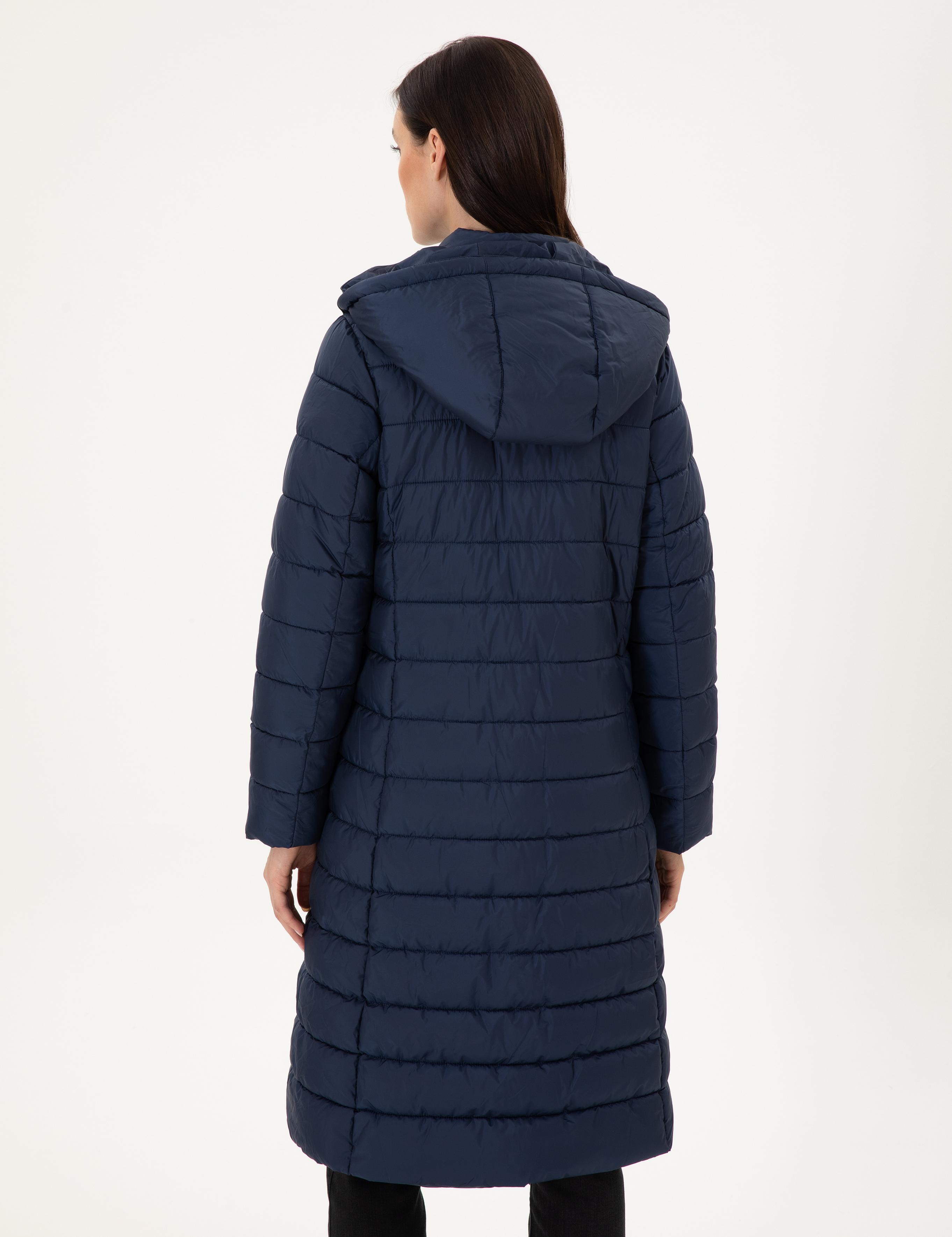 Lacivert Kapüşonlu Kapitone Uzun Mont