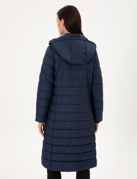 Lacivert Kapüşonlu Kapitone Uzun Mont - 50297299020