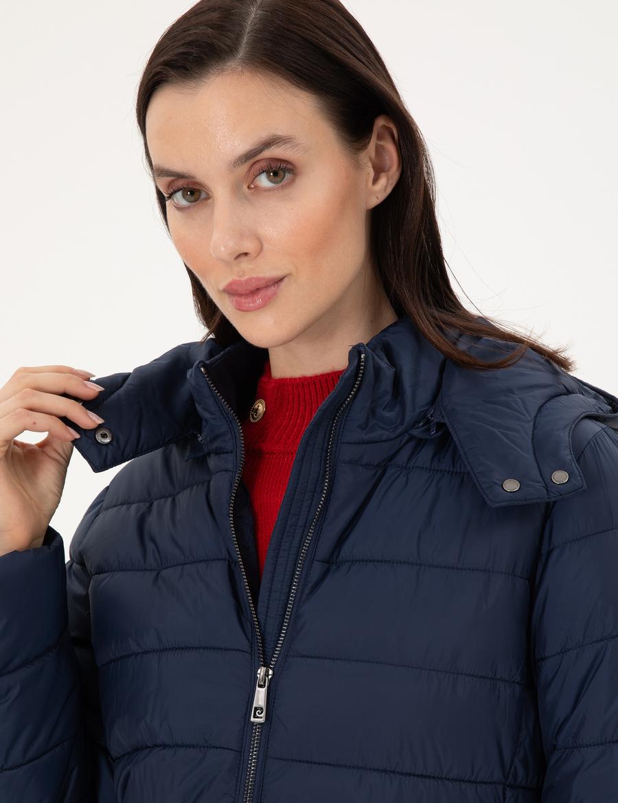 Lacivert Kapüşonlu Kapitone Uzun Mont