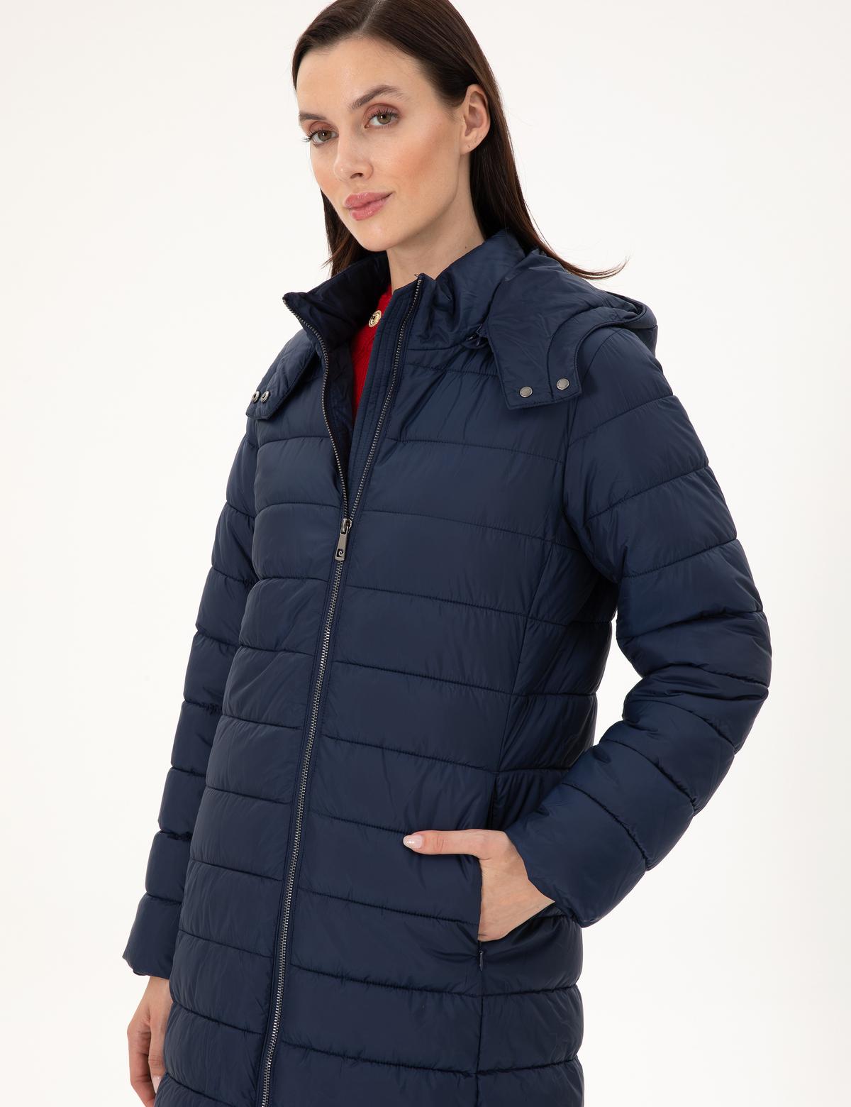 Lacivert Kapüşonlu Kapitone Uzun Mont - 50297299020