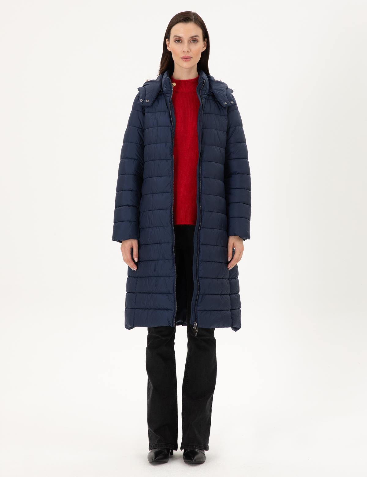 Lacivert Kapüşonlu Kapitone Uzun Mont - 50297299020