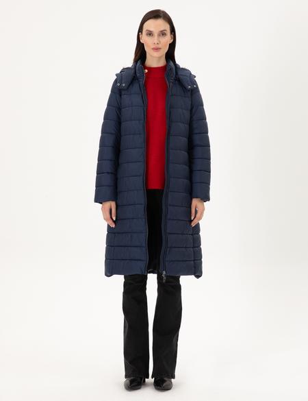 Lacivert Kapüşonlu Kapitone Uzun Mont - 50297299020