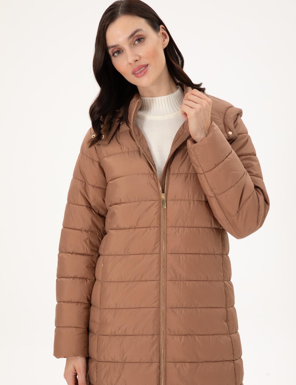 Kahverengi Kapüşonlu Kapitone Mont - 50297299011