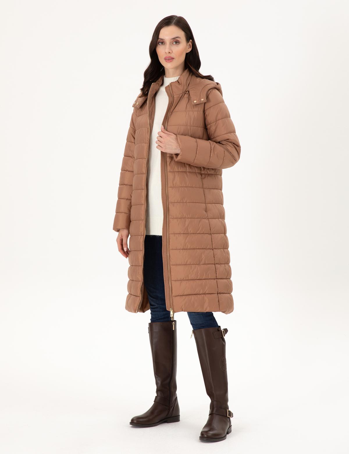 Kahverengi Kapüşonlu Kapitone Mont - 50297299011