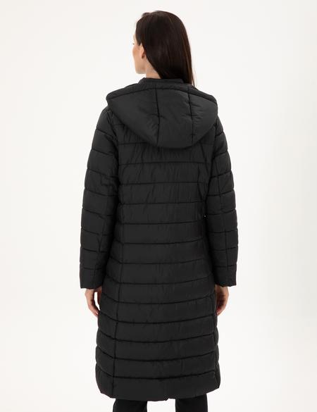 Siyah Kapüşonlu Kapitone Uzun Mont - 50297299002