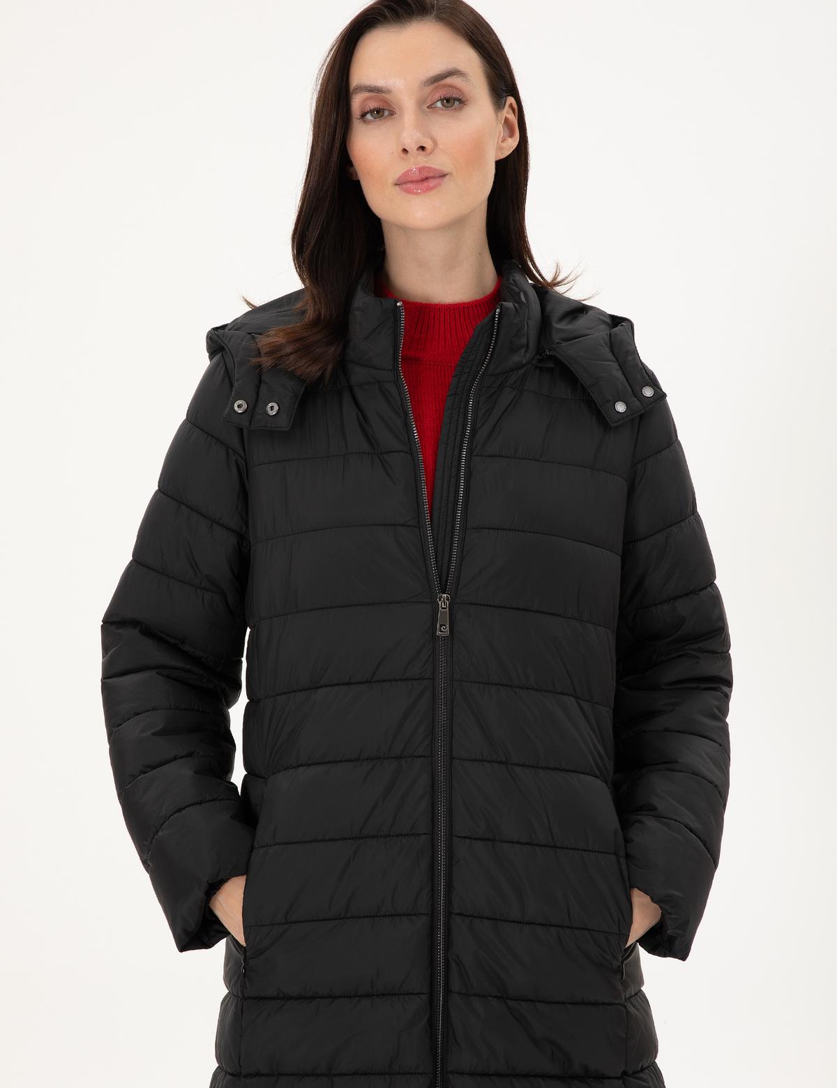 Siyah Kapüşonlu Kapitone Uzun Mont - 50297299002