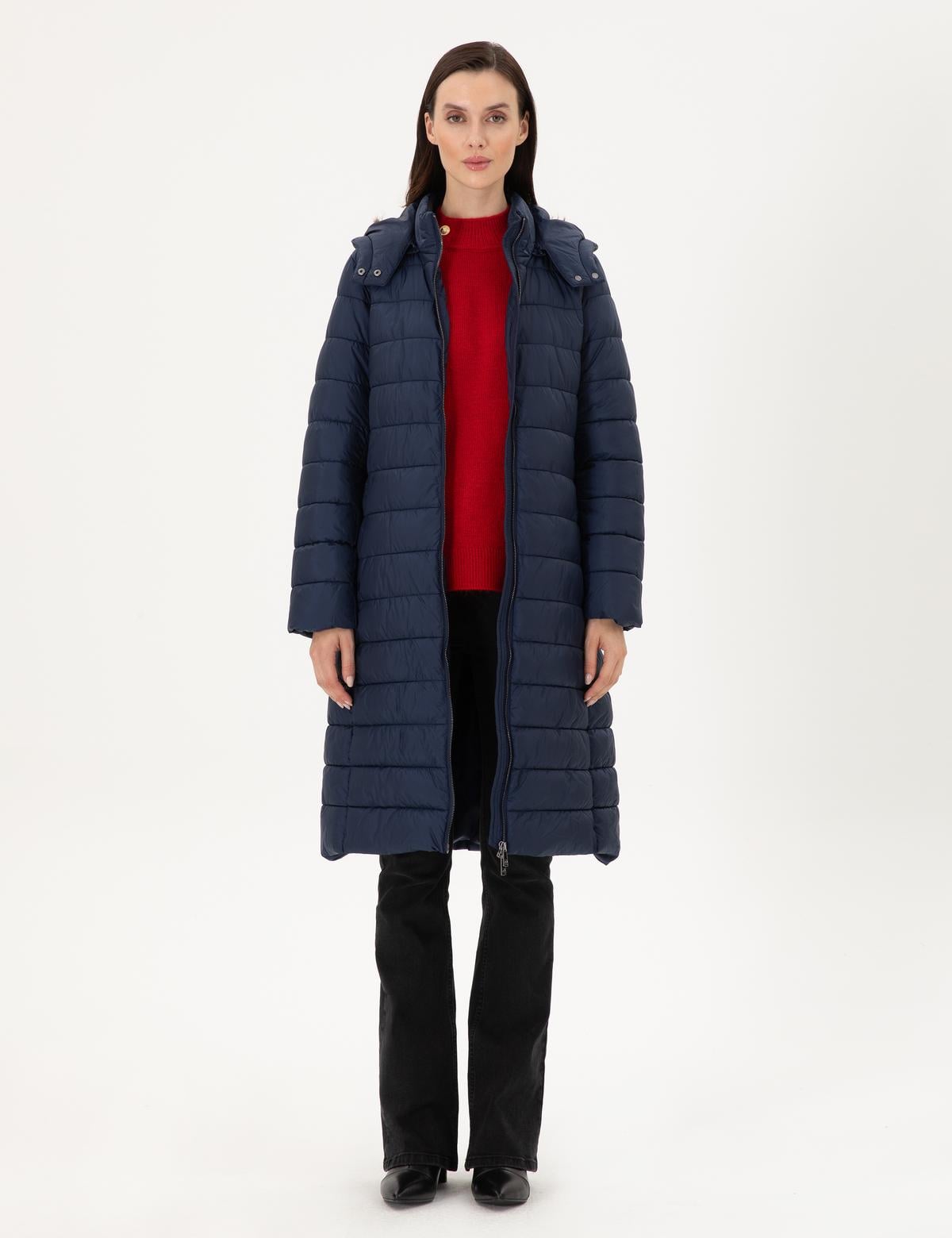 Lacivert Kapüşonlu Kapitone Uzun Mont