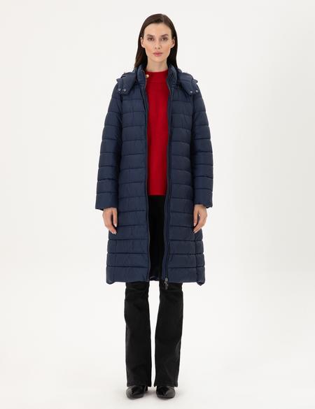 Lacivert Kapüşonlu Kapitone Uzun Mont - 50297299020