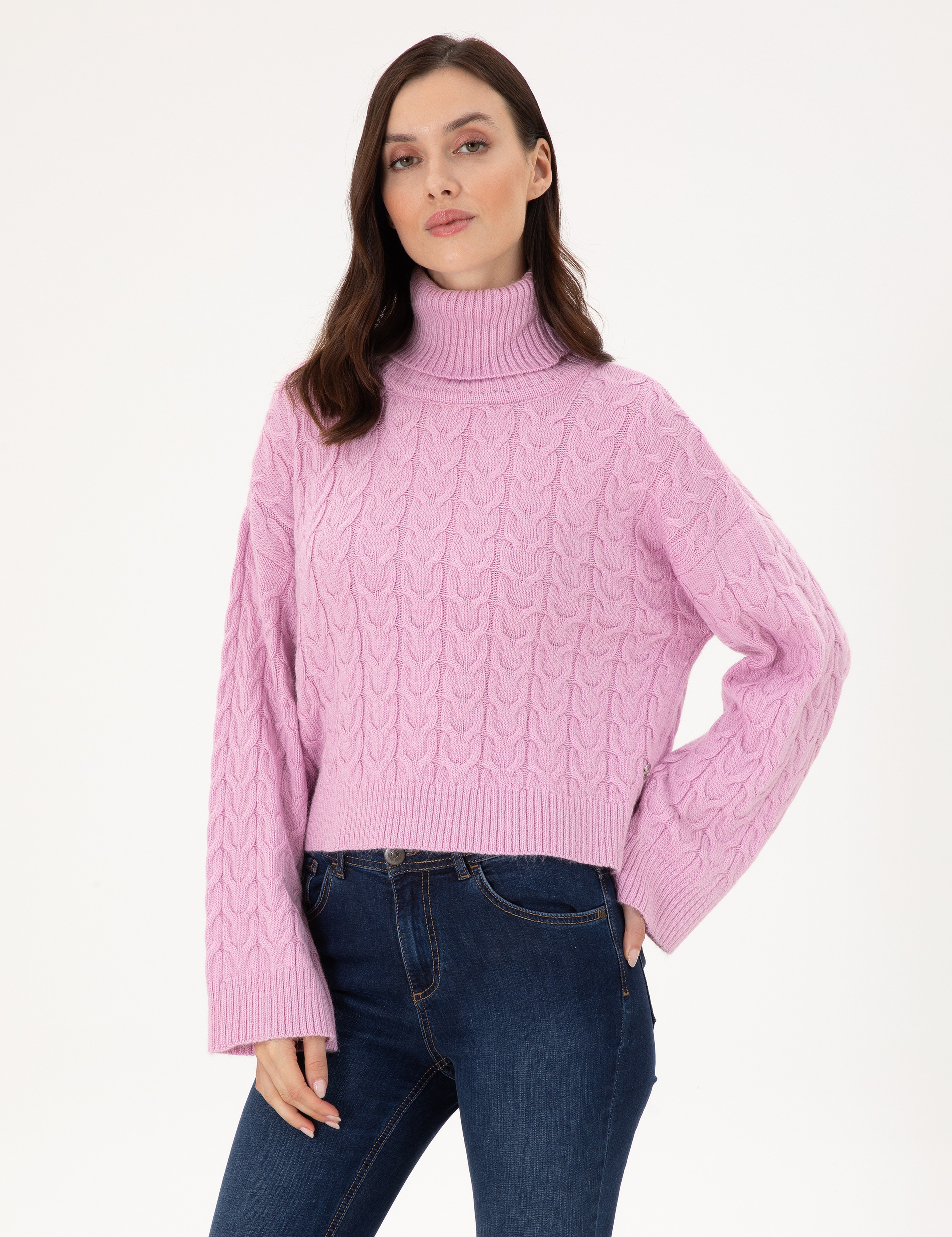 Lila Crop Top Balıkçı Yaka Kazak - Image 1