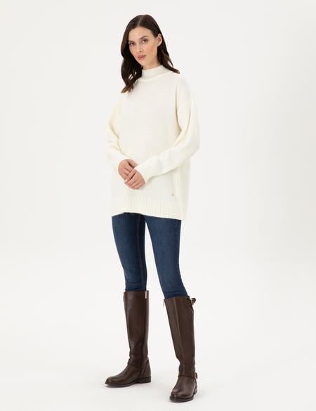 Ekru Oversize Yarım Balıkçı Kazak - 50301841006