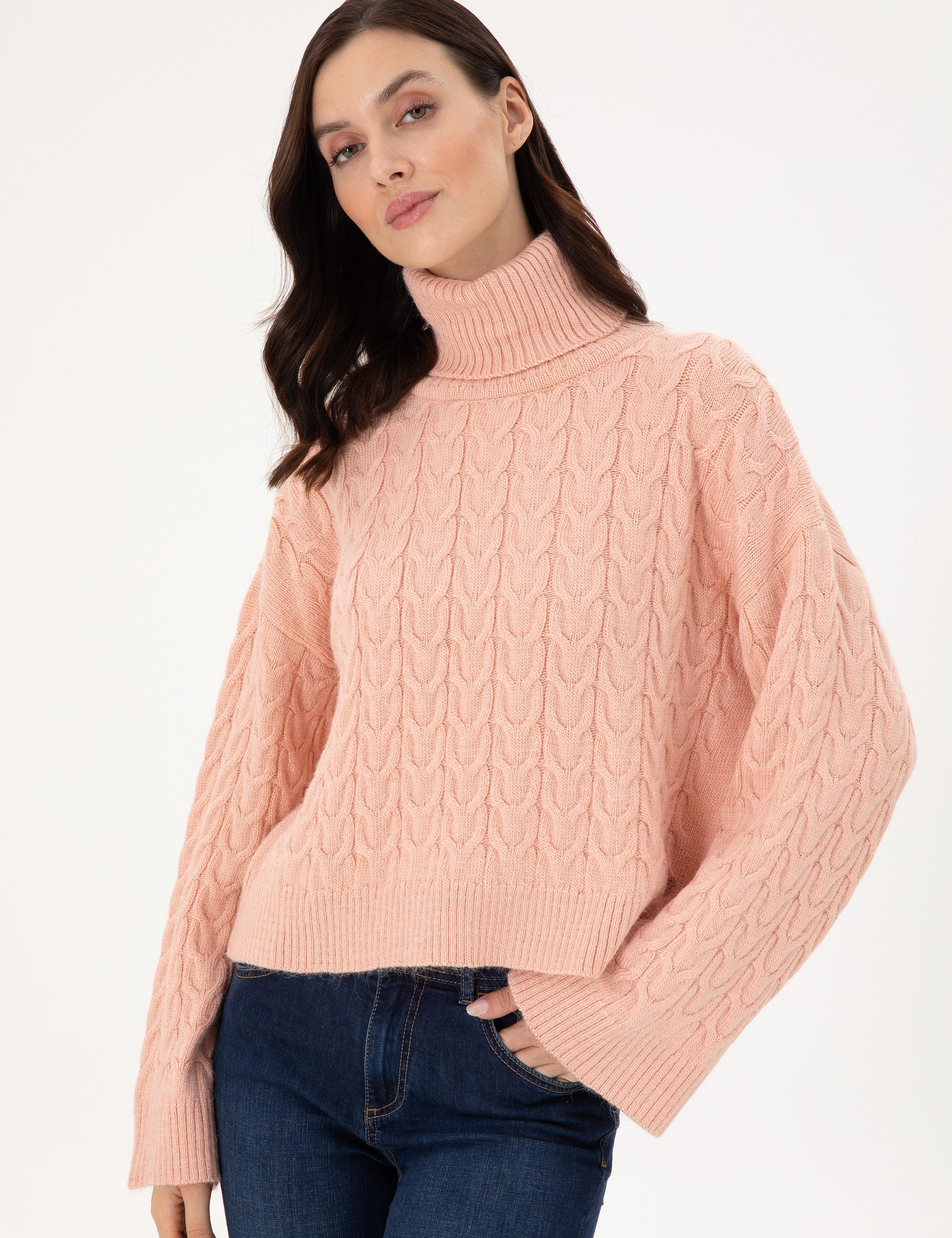 Pembe Crop Top Balıkçı Yaka Kazak