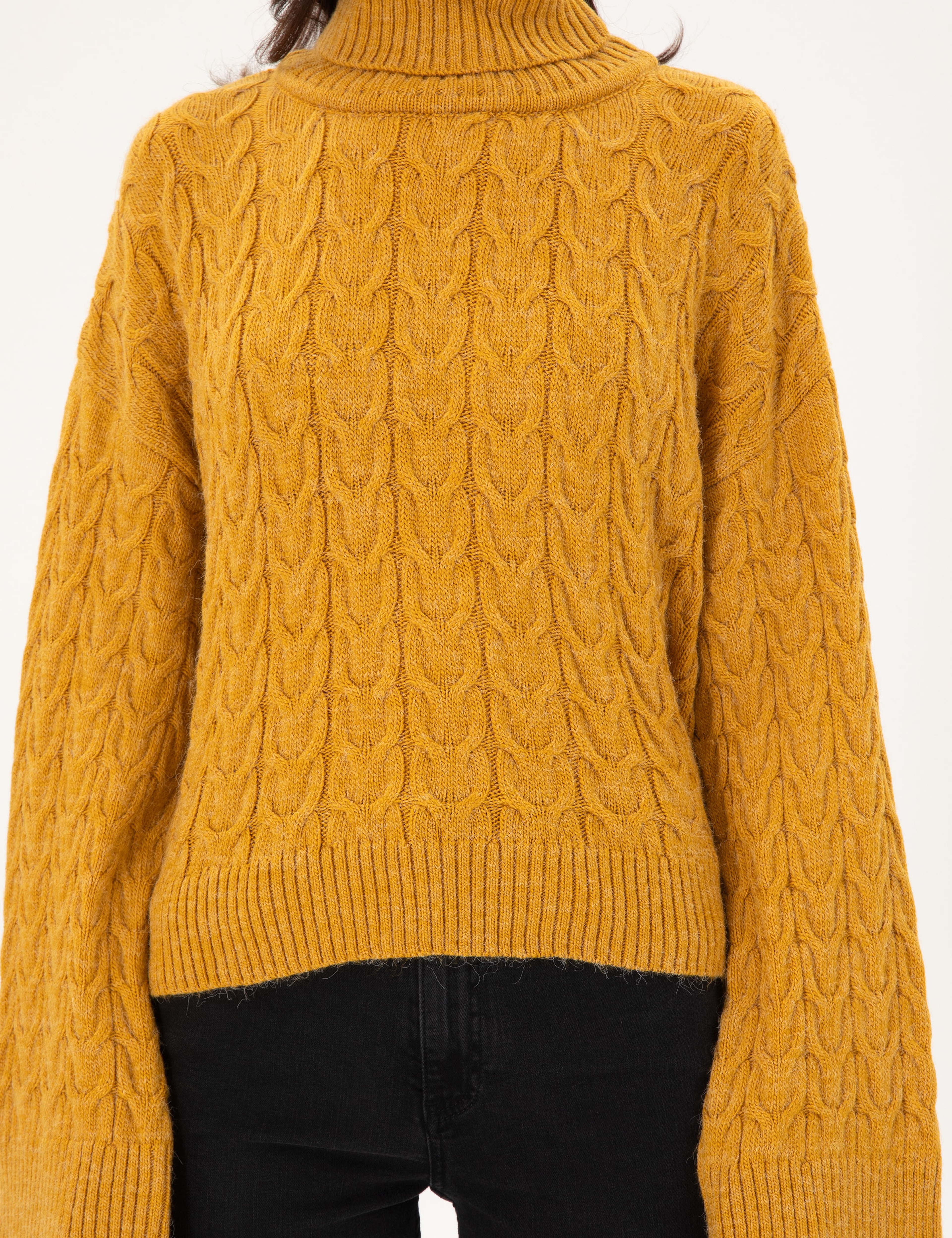Hardal Crop Top Balıkçı Yaka Kazak