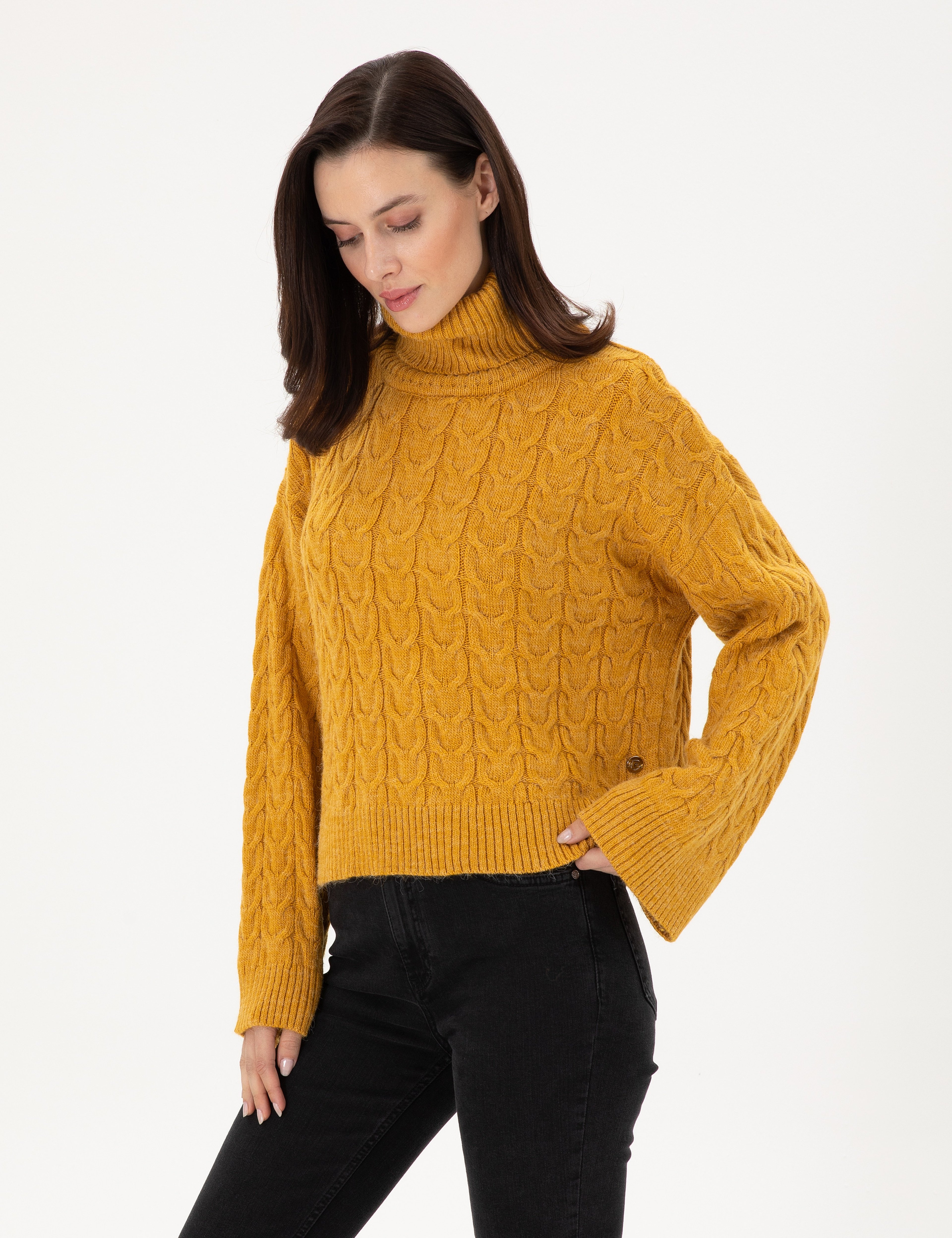 Hardal Crop Top Balıkçı Yaka Kazak - Image 1