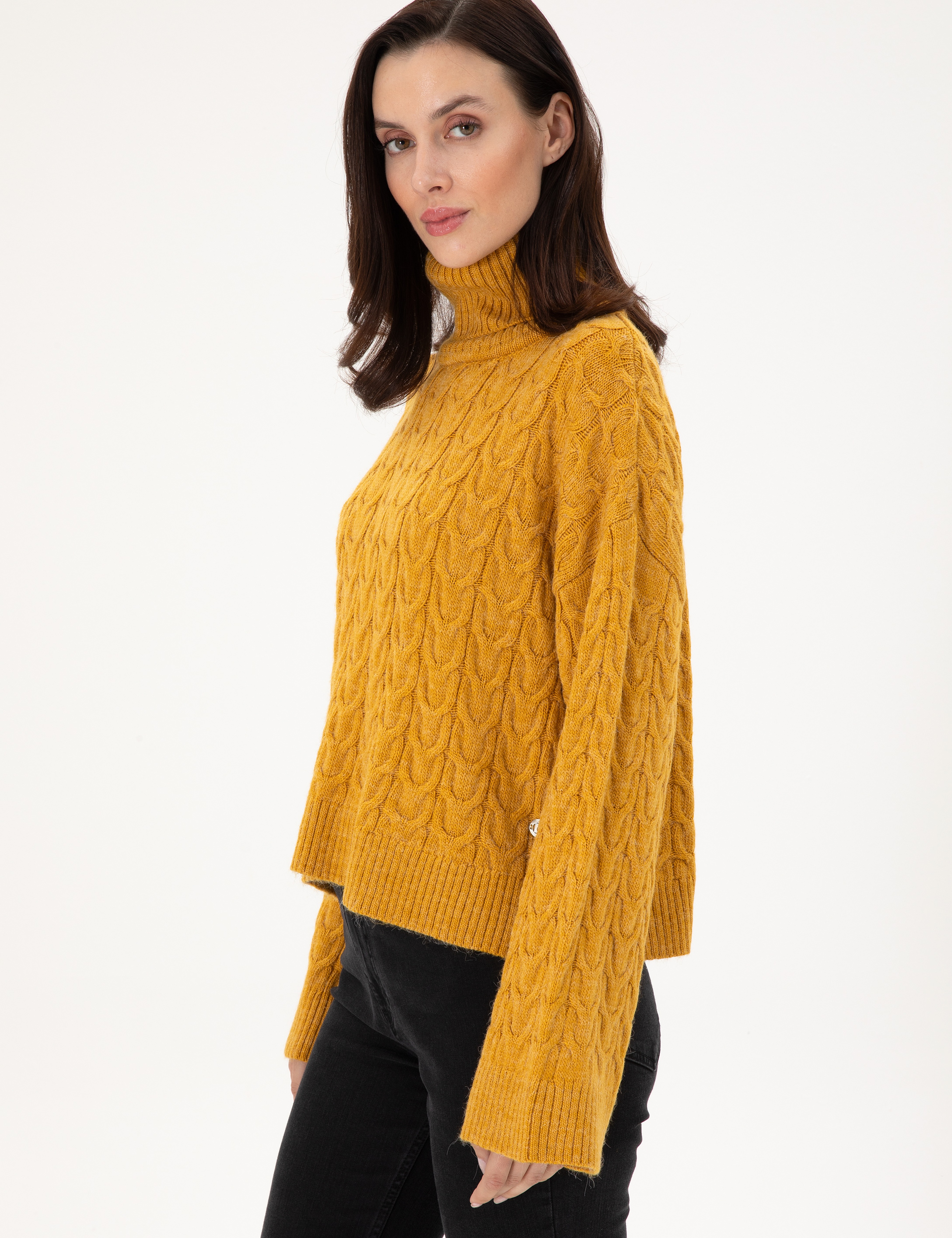 Hardal Crop Top Balıkçı Yaka Kazak