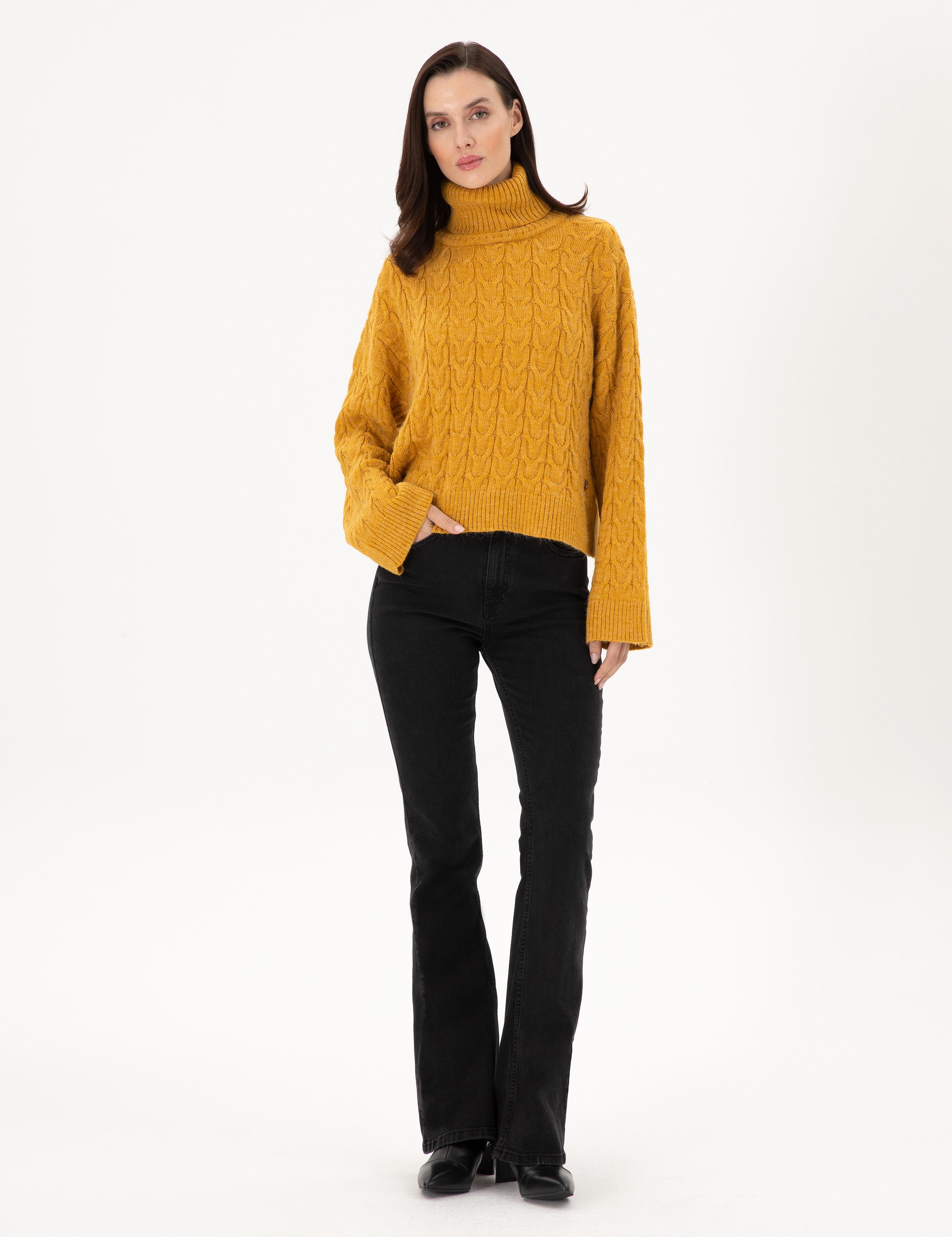 Hardal Crop Top Balıkçı Yaka Kazak