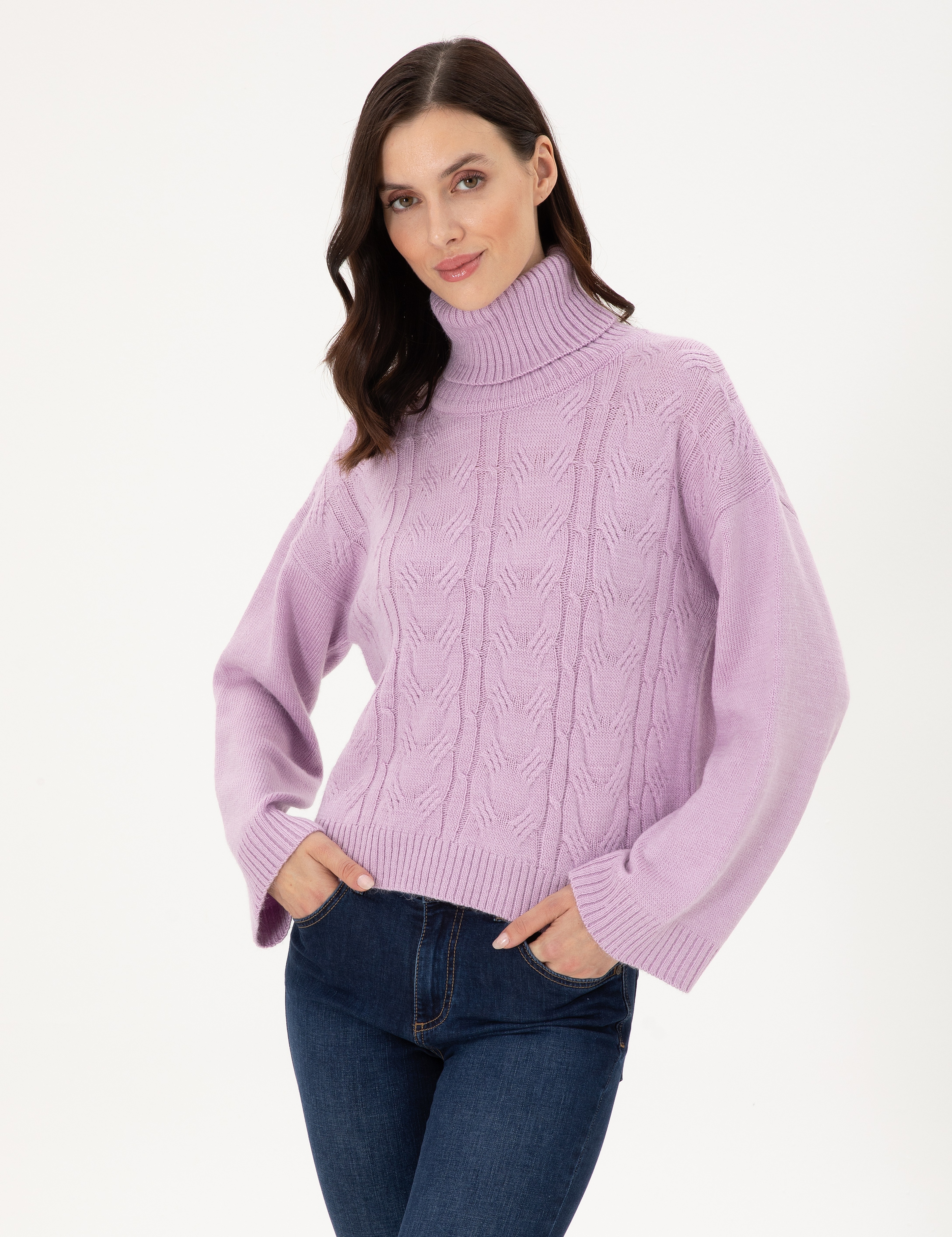 Lila Crop Top Balıkçı Yaka Kazak - Image 1