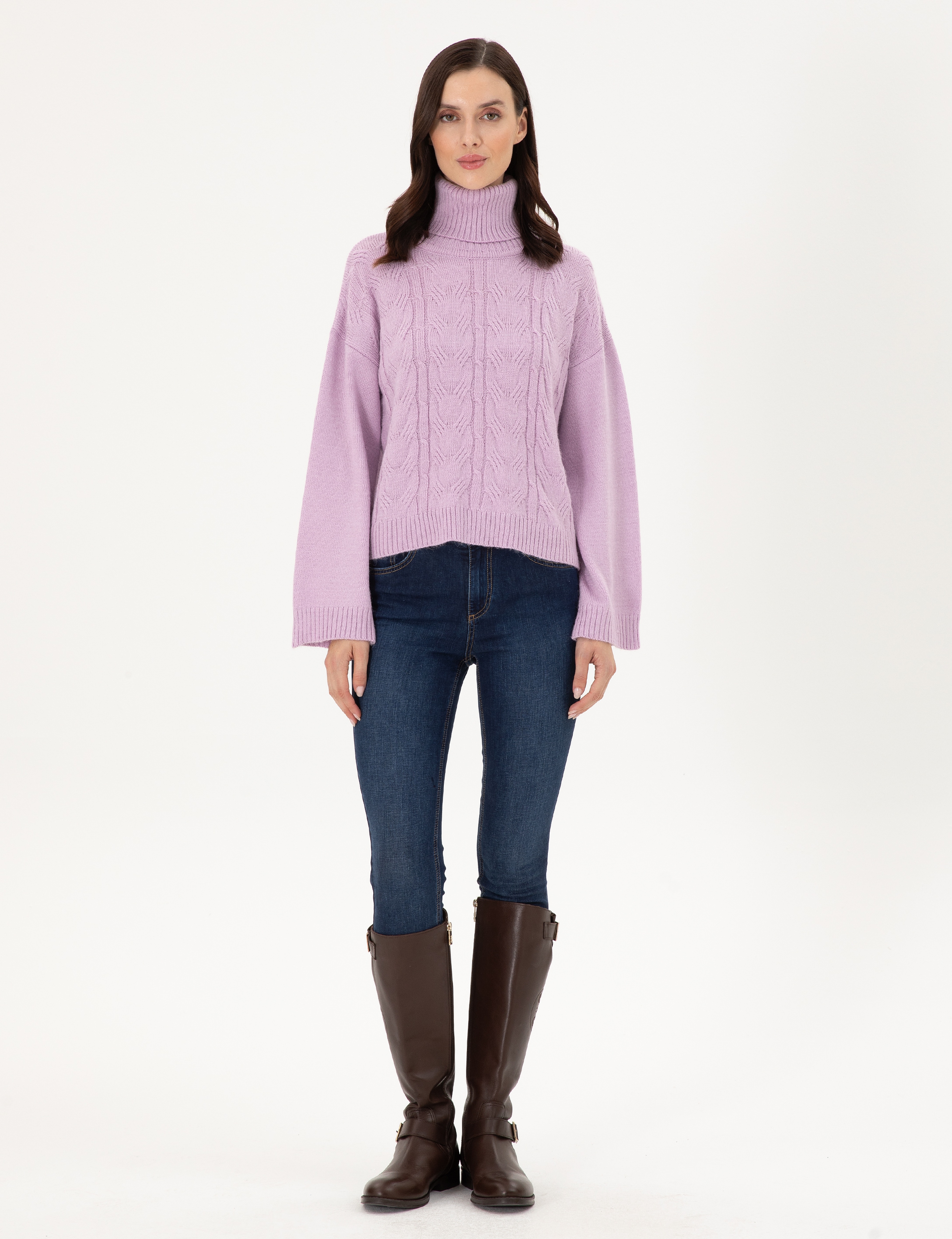 Lila Crop Top Balıkçı Yaka Kazak