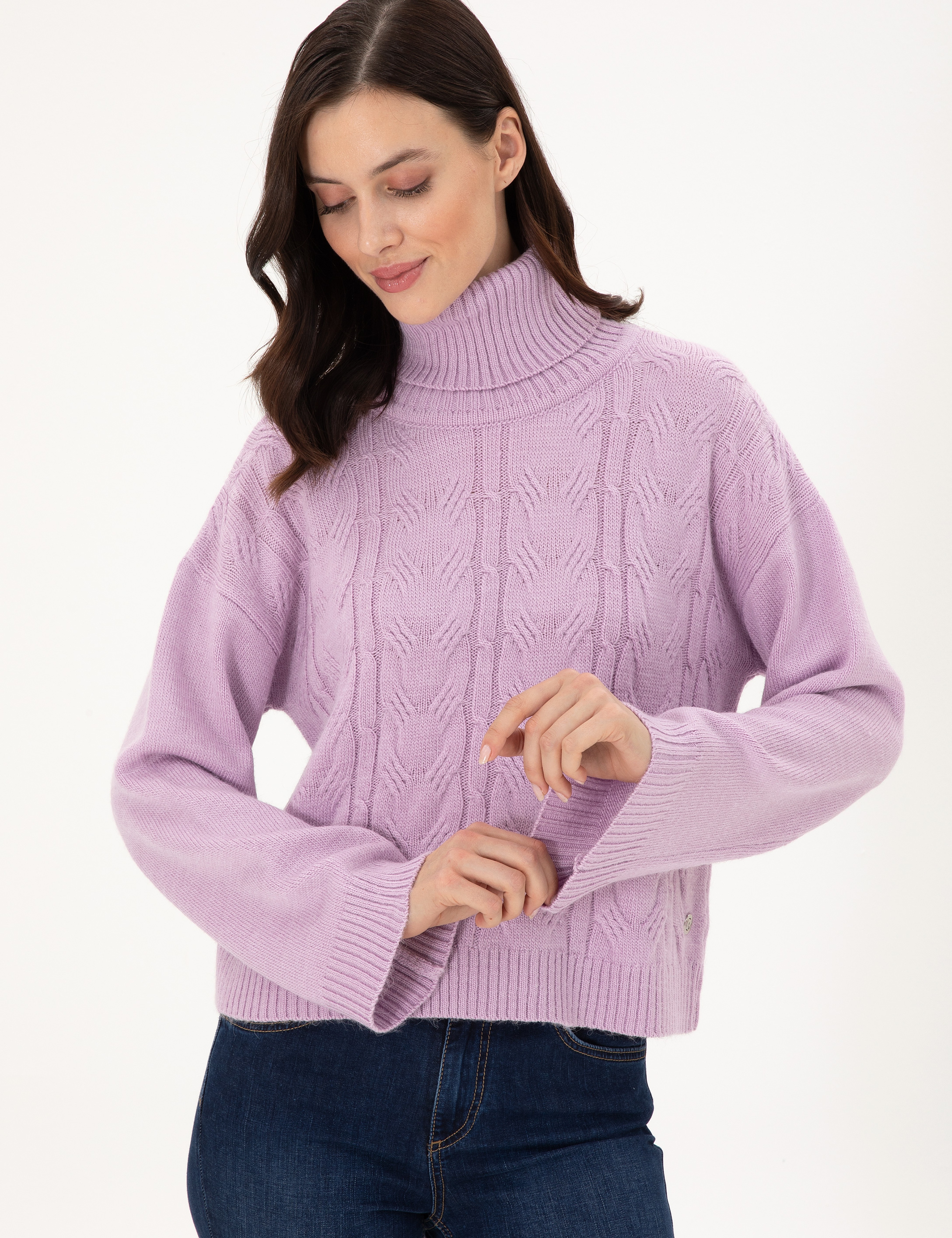 Lila Crop Top Balıkçı Yaka Kazak