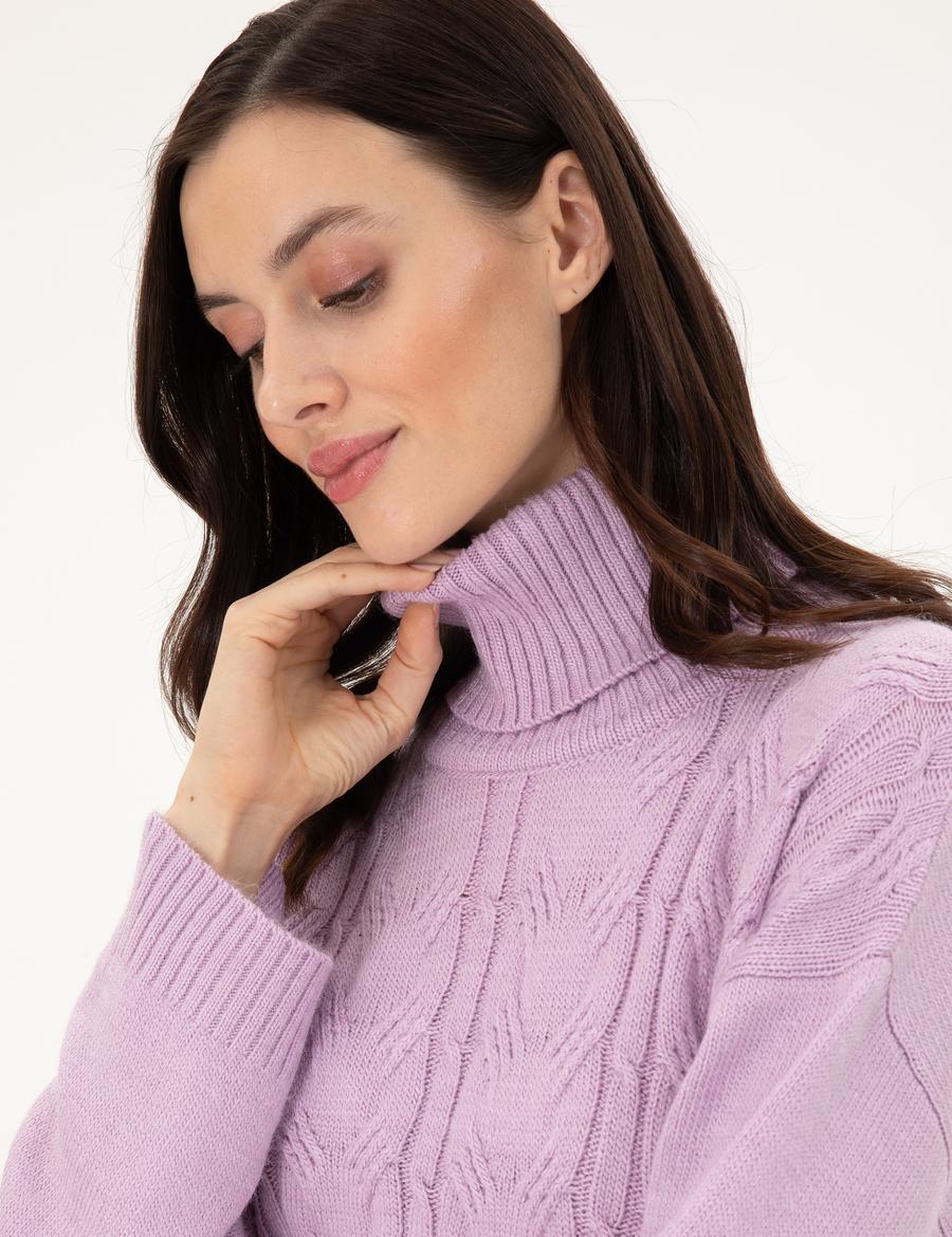 Lila Crop Top Balıkçı Yaka Kazak