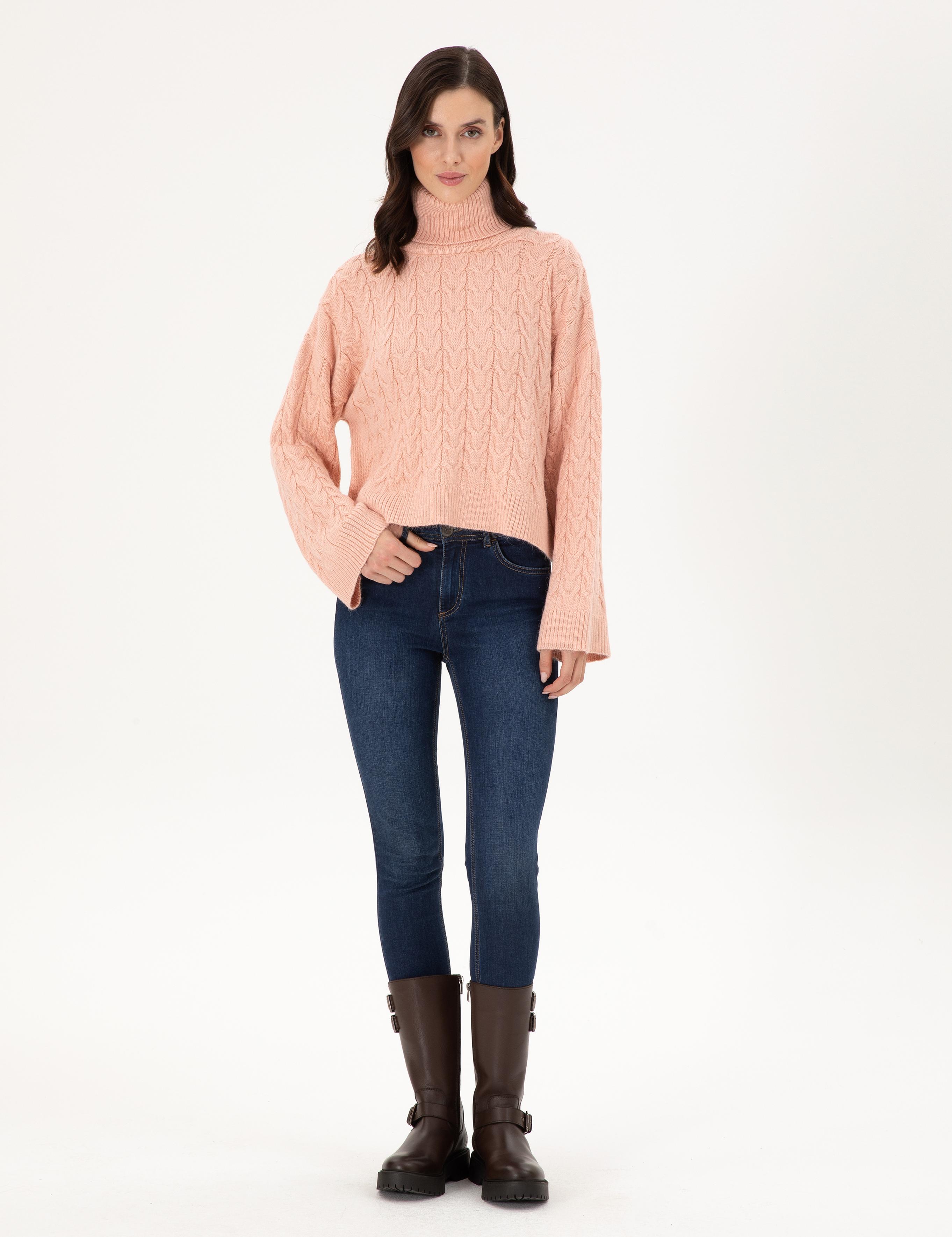 Pembe Crop Top Balıkçı Yaka Kazak