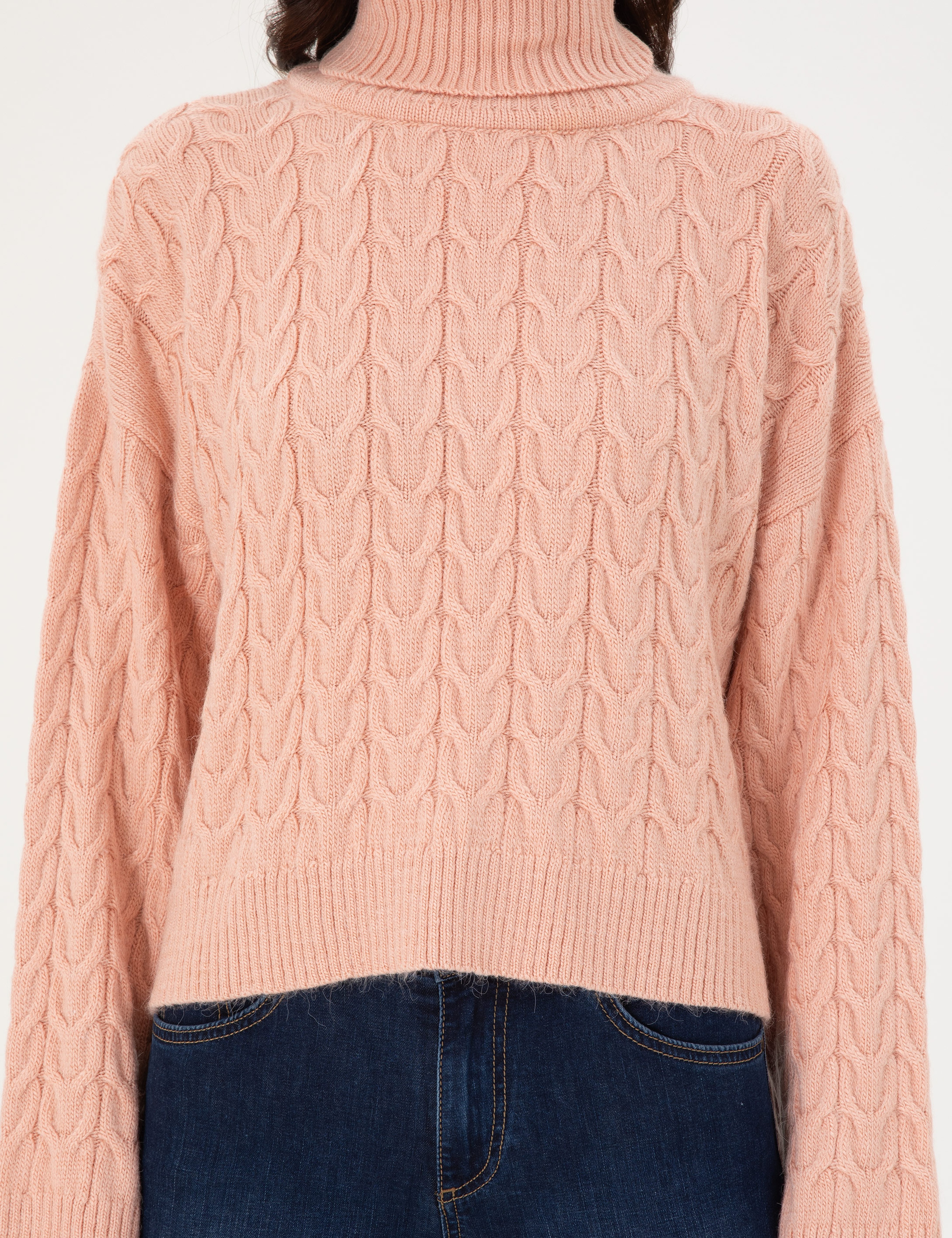 Pembe Crop Top Balıkçı Yaka Kazak
