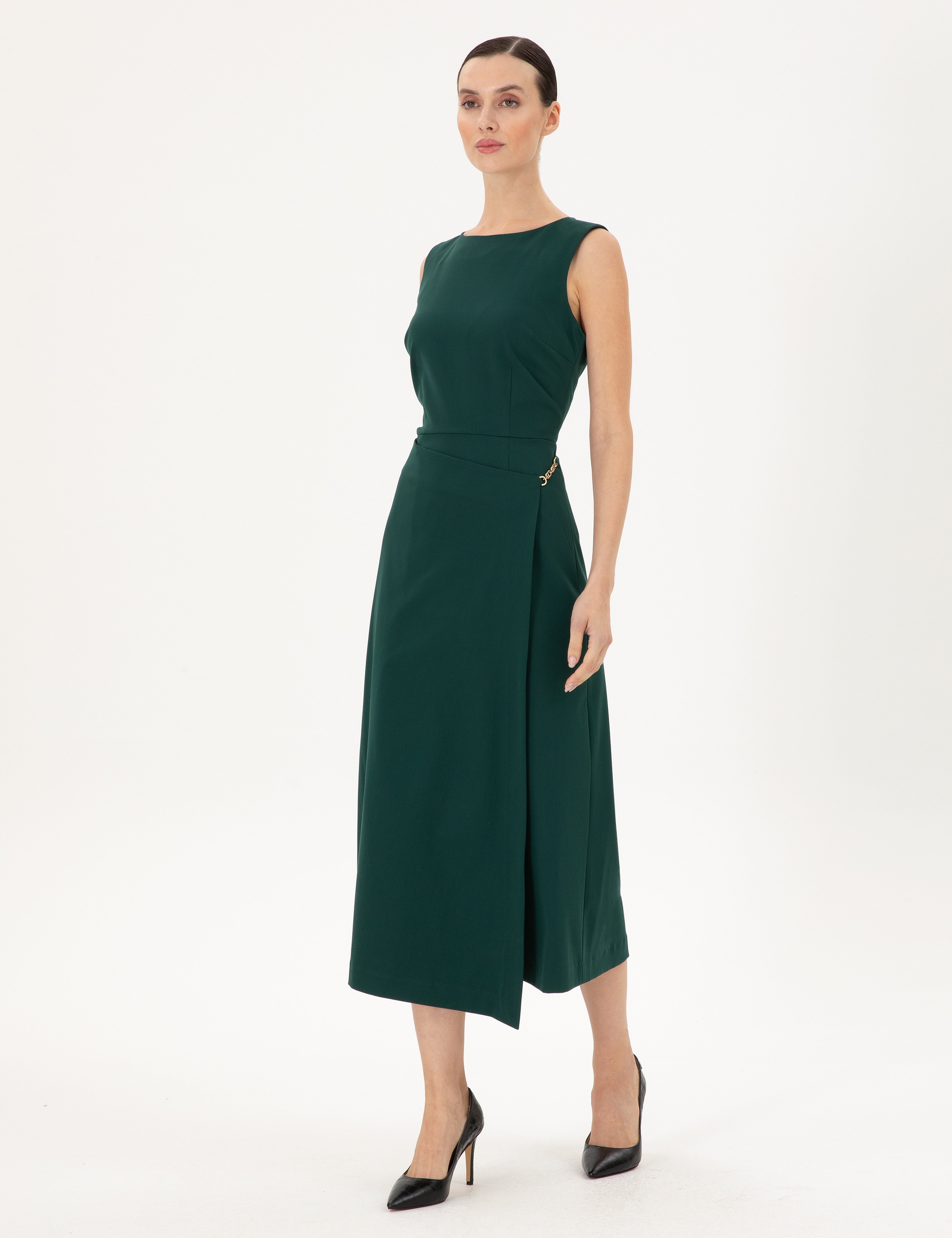 Koyu Yeşil Regular Fit Dokuma Elbise - Image 3