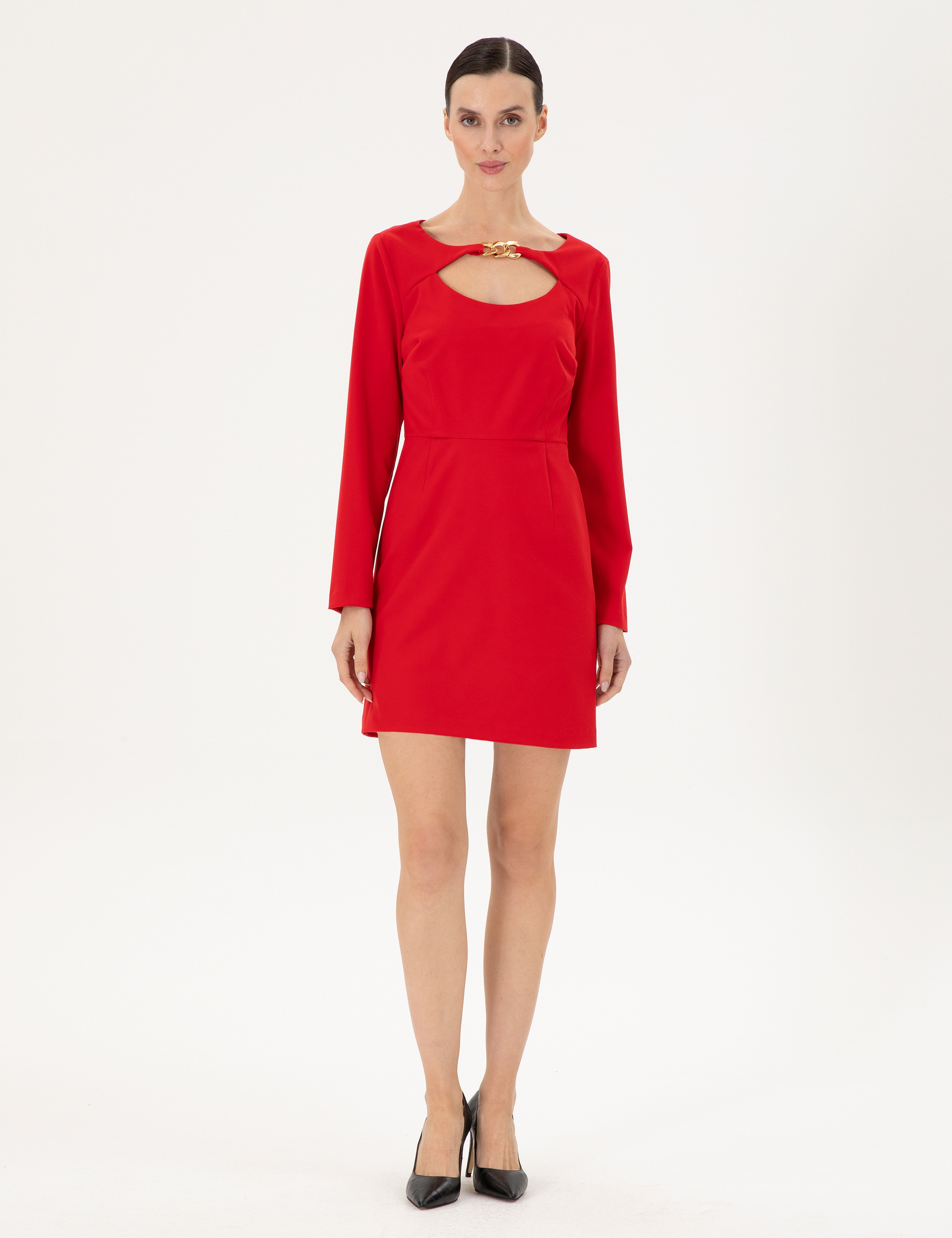 Kırmızı Regular Fit Dokuma Elbise - Image 3