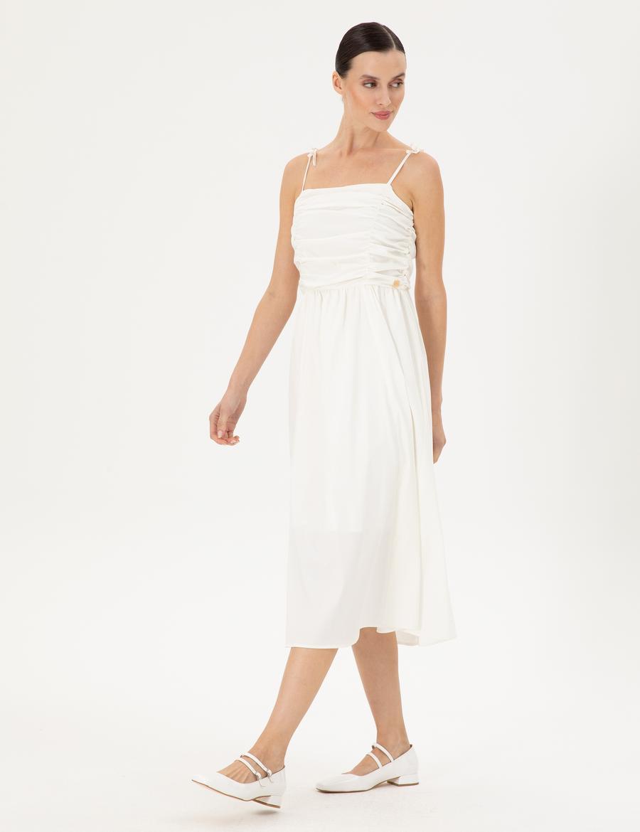 Beyaz Regular Fit Dokuma Elbise