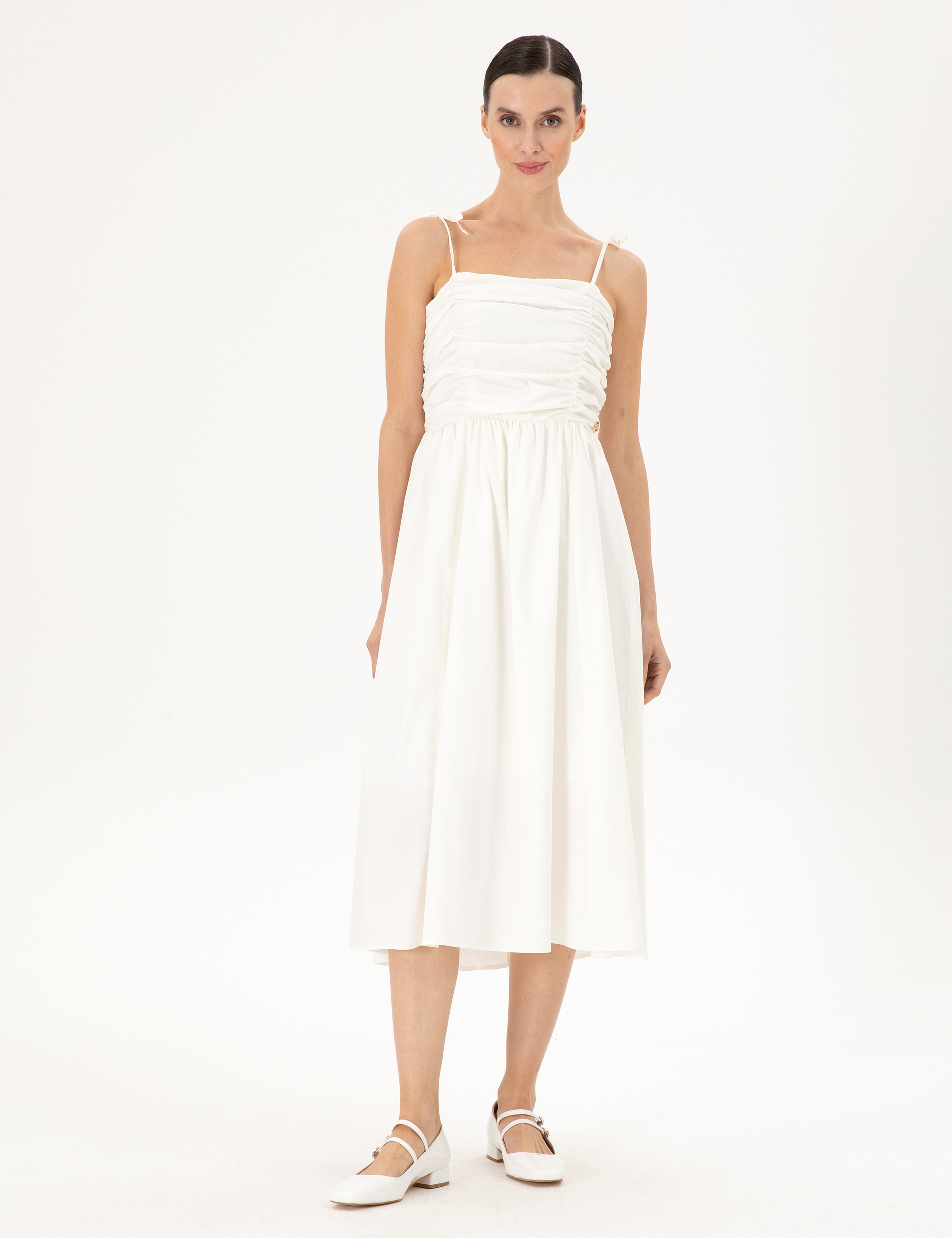 Beyaz Regular Fit Dokuma Elbise - Image 3