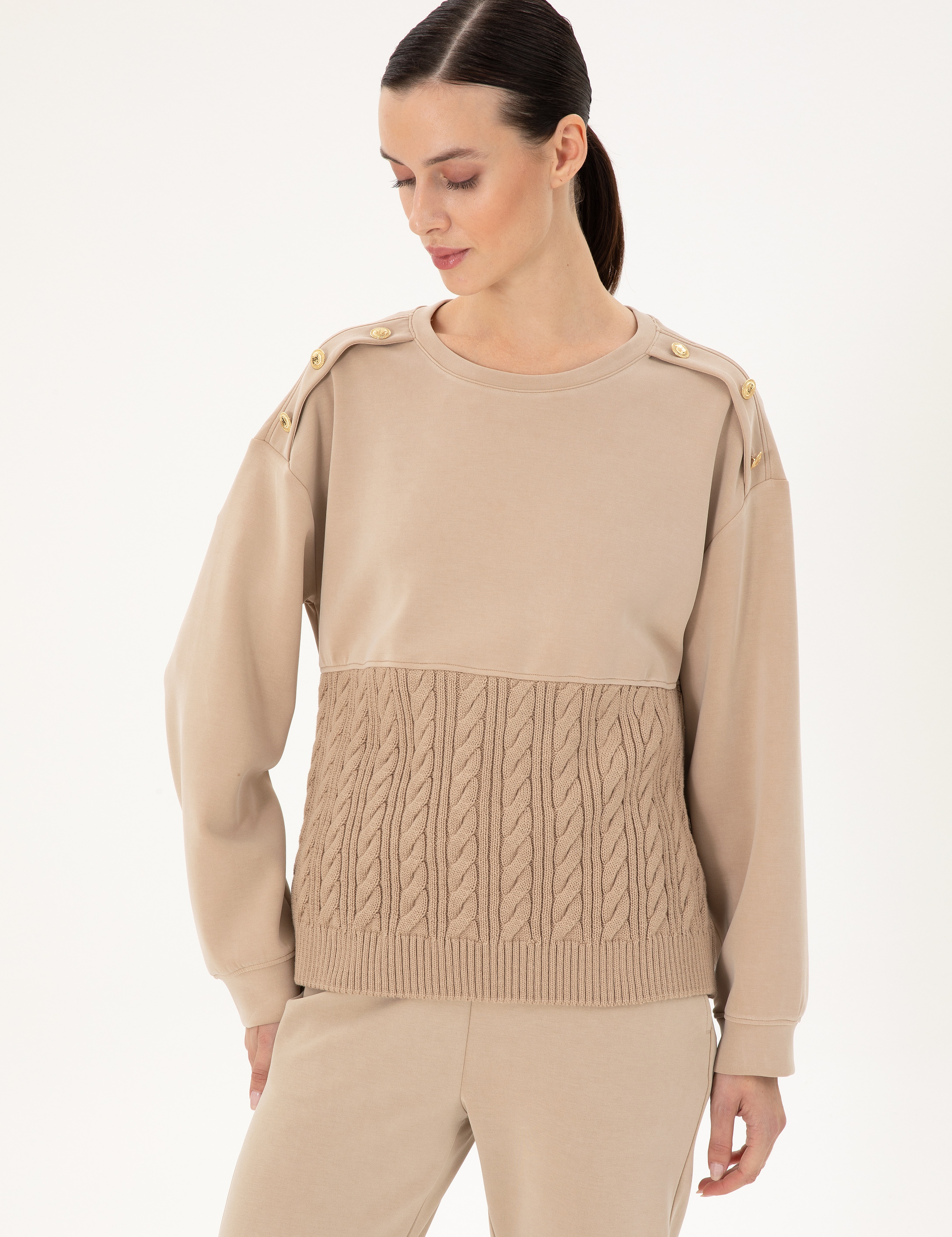 Bej Regular Fit Modal Kumaş Sweatshirt - Image 3