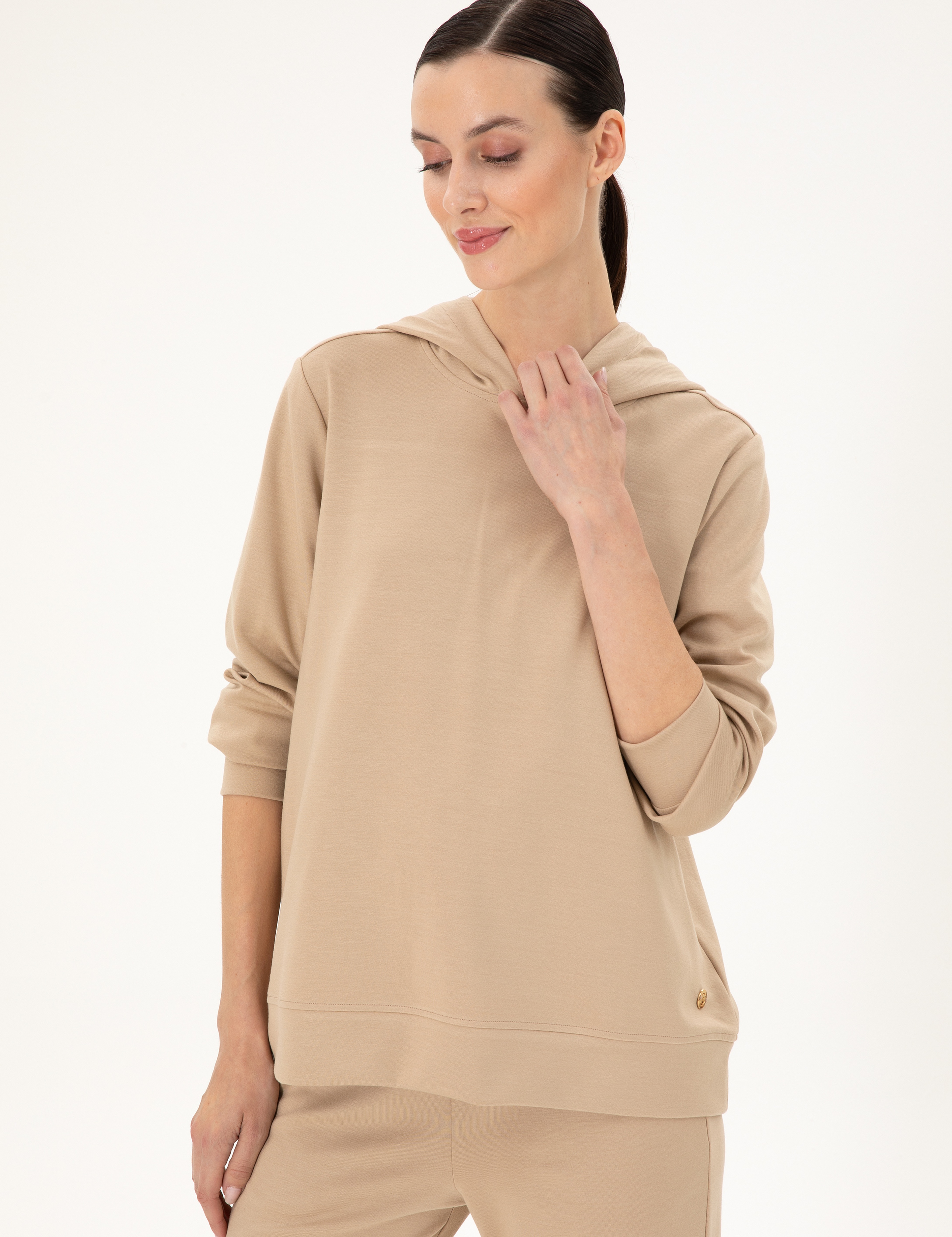 Bej Oversize Modal Kumaş Sweatshirt - Image 3