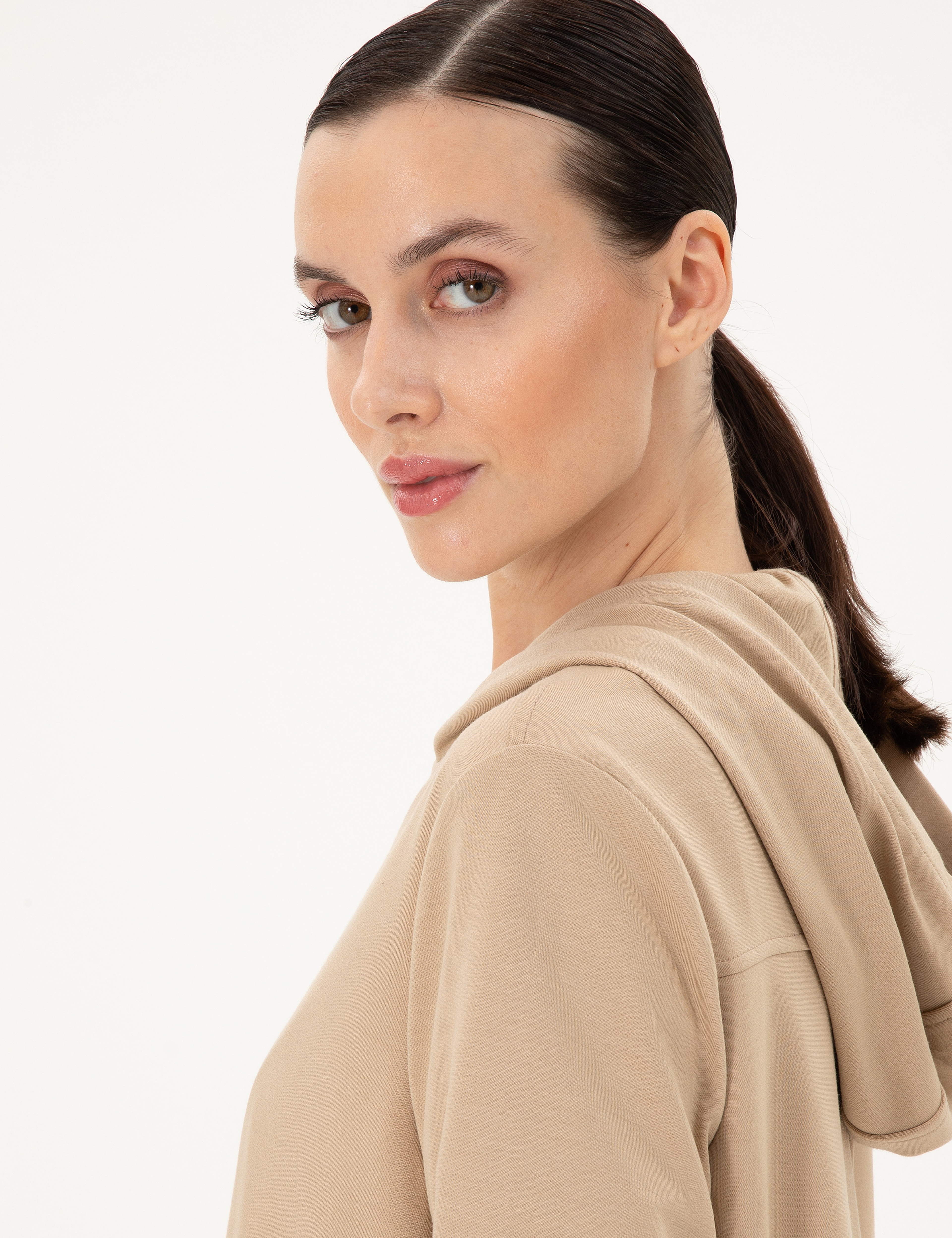 Bej Oversize Modal Kumaş Sweatshirt - Image 2