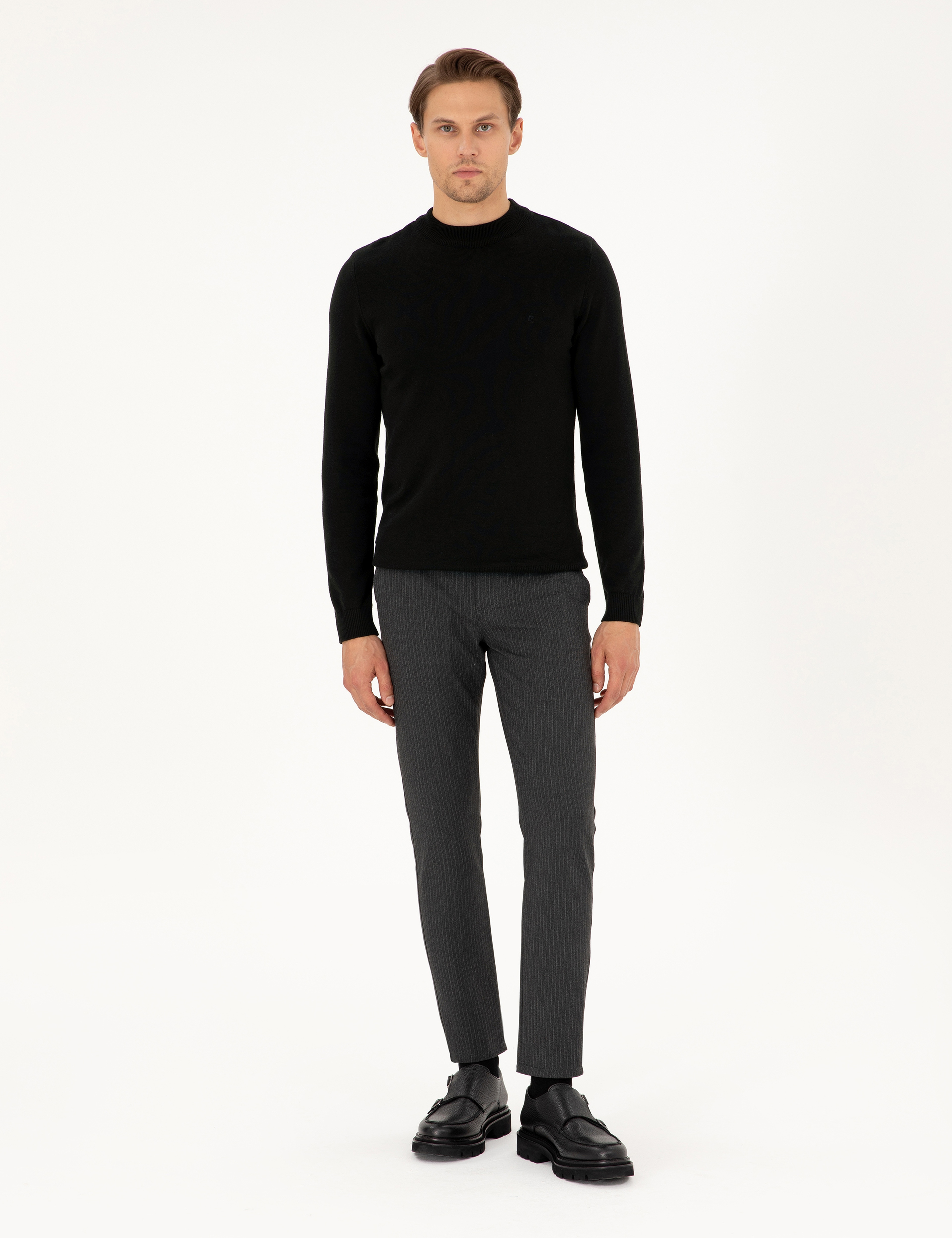 Siyah Slim Fit Çeyrek Yaka Basic Triko Kazak - Image 4