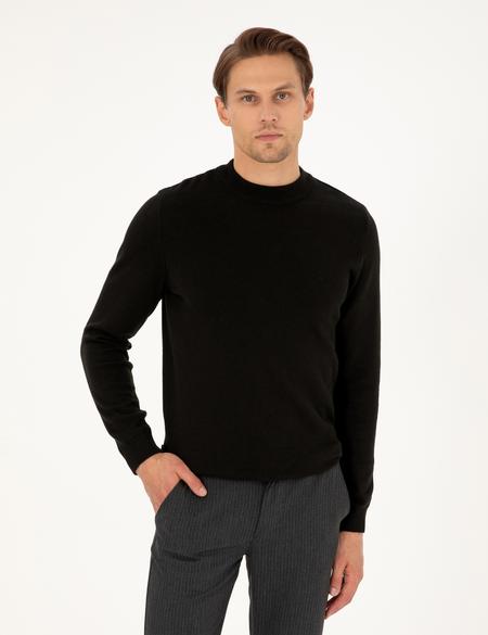 Siyah Slim Fit Çeyrek Yaka Basic Triko Kazak - 50296564009