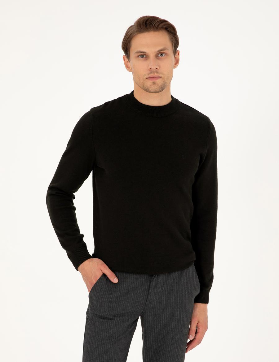 Siyah Slim Fit Çeyrek Yaka Basic Triko Kazak