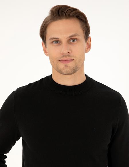 Siyah Slim Fit Çeyrek Yaka Basic Triko Kazak - 50296564009